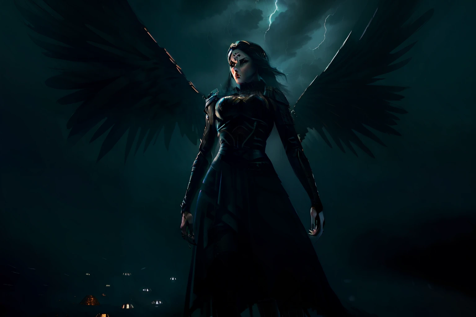 ((Fallen dark gothic angel)) | ((A dark storm behind her)) | ((NFT with highly detailed stylized rendering)) | ((unique composition))