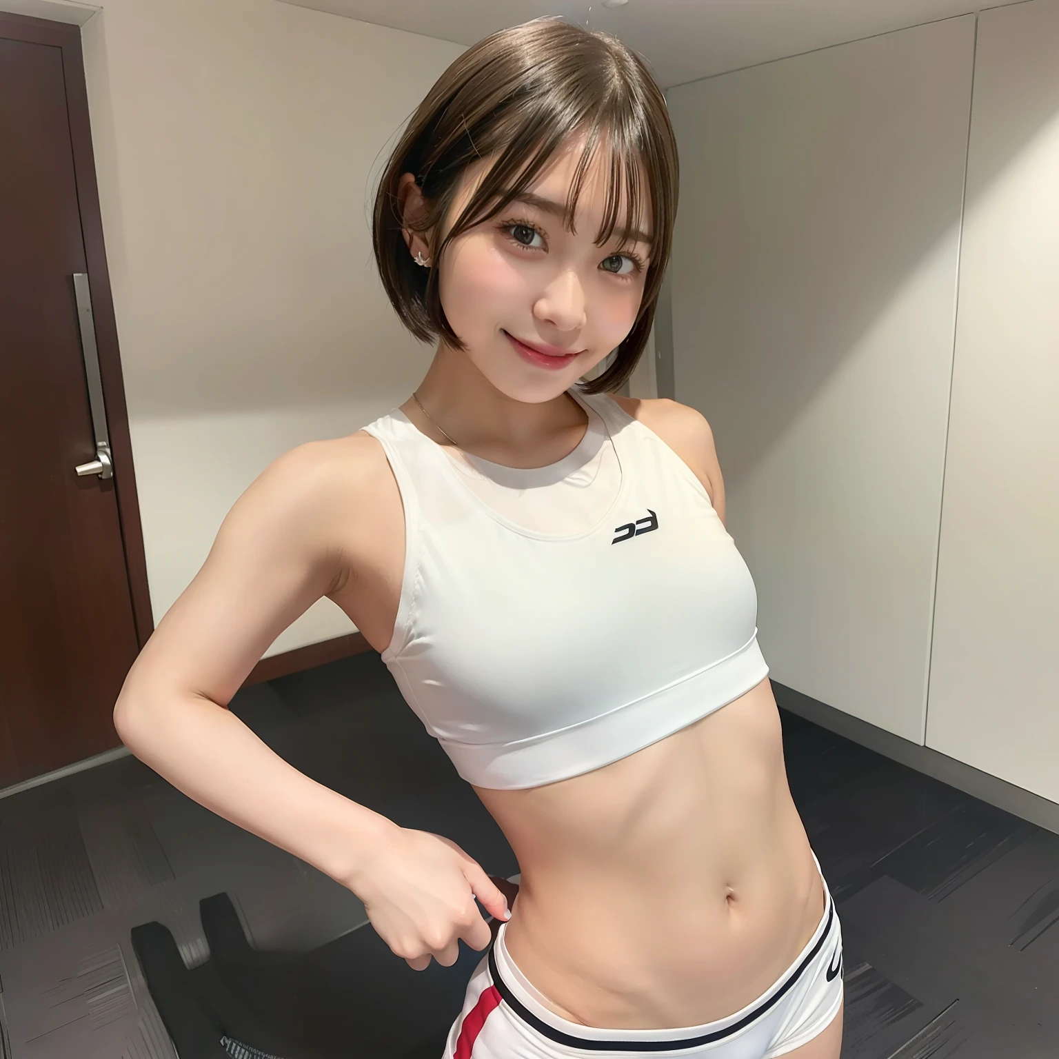 Athlete girl、small tits、short-hair、Sports bra and panties、ssmile、Transparent papillae、Pose with crotch spread、detailed skin textures、skin tanned