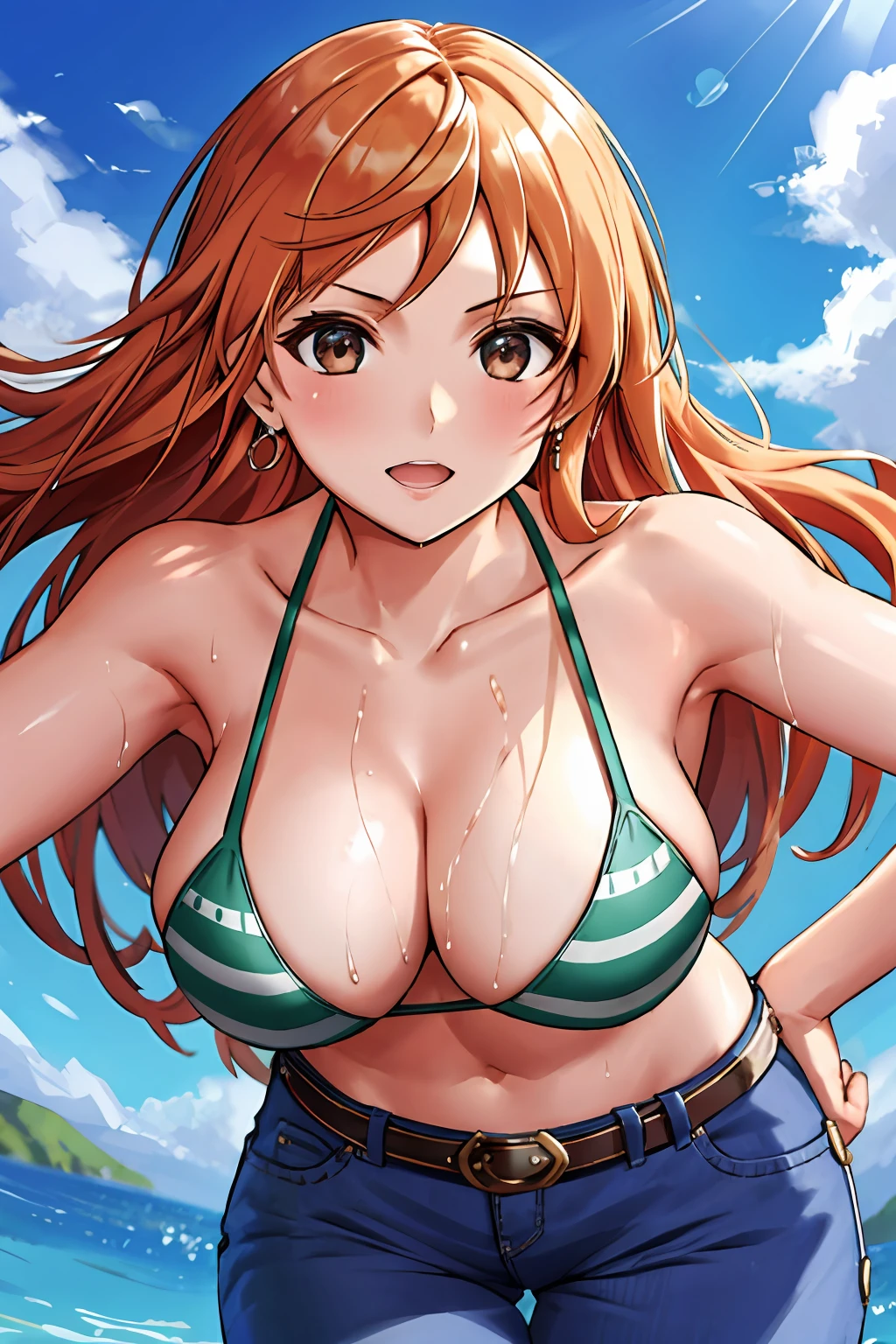 detailed background, masterpiece, 4k, best quality, late youth, adult, wrestler body, 1girl, active, energic, uppercut, (large mouth) , solo, nami \(one piece\), 1girl, bangle, (very wet, drenched in sweat, sweat all over body, very wet hair, tired, taking breath, open mouth, hand on stomach, sweaty face, sweaty body, panting, sweating too much, shiny sweat, sweat stains, leaning forward, tilting, hands on knees, waving good bye), perfect detailed face, bold drawing lines, muscular arms, detailed bold arm lines, flat jaw, adult woman, wavy wide streaked bangs, floating bang streaks, (big cheeks), bare shoulders, off-shoulders, belt, bikini, bikini top only, blue sky, bracelet, springy breasts, breast lines, big round eyes, plain big brown shiny eyes, bubbles, high eye position, cleavage, cloud, day, denim, earrings, floating hair, shiny hair, green belt, green bikini, bold groin lines, jeans, jewelry, large breasts, log pose, long hair, looking at viewer, navel, wet hair, orange hair, pants, shoulder tattoo, sidelocks, sky, solo, standing, stomach, swimsuit, tattoo , looking at viewer, open mouth, detailed left arm, big forehead, hourglass figure, small head, toned body, wide hair, wind effect, sun effect, under the sun, narrow small ears angle, older, random poses,