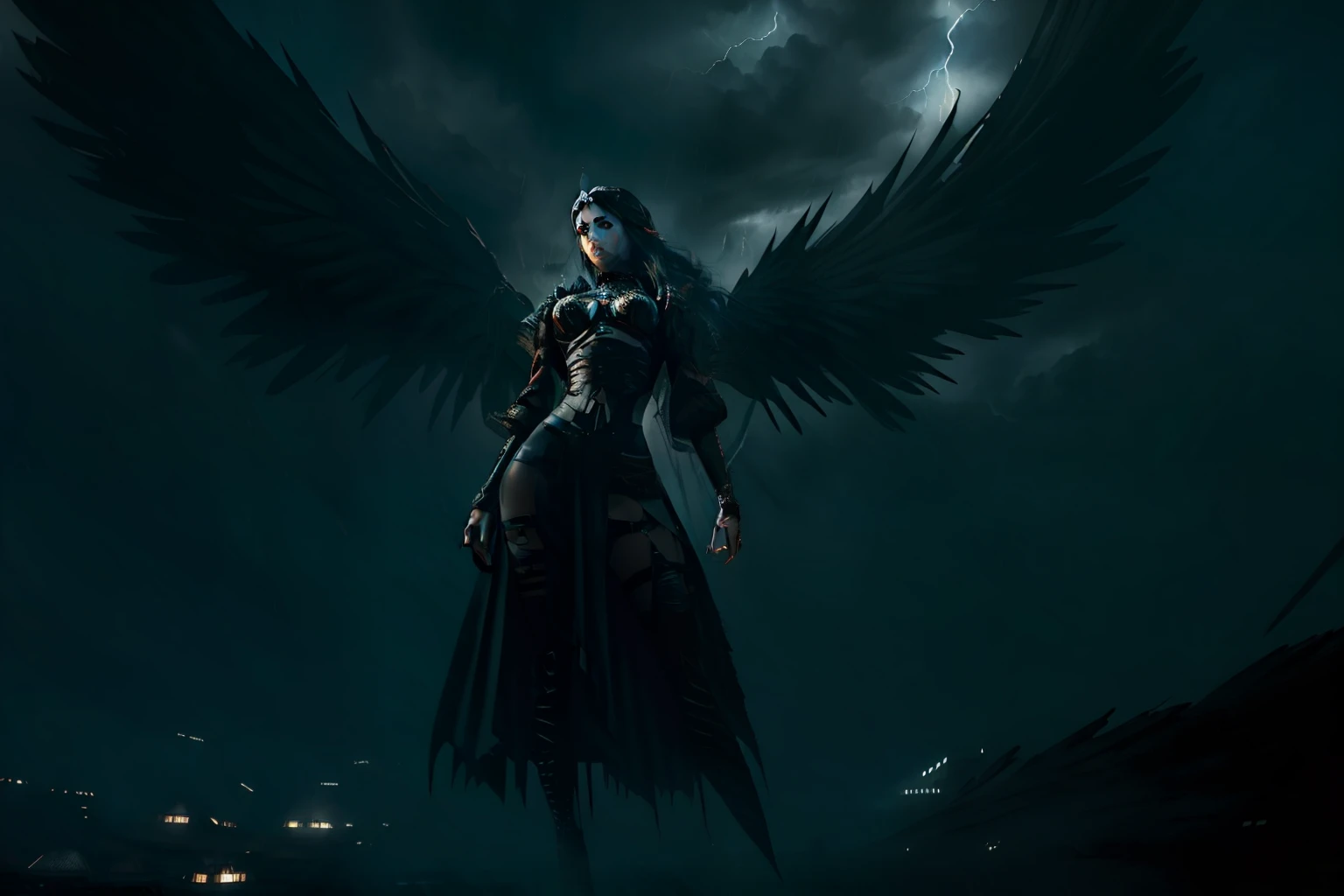 ((Fallen dark gothic angel)) | ((A dark storm behind her)) | ((NFT with highly detailed stylized rendering)) | ((unique composition))