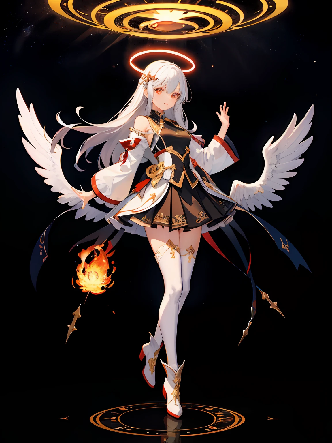 (masutepiece: 1.5), (Best quality: 1.5), 1womanl, Guardian Angel, White hair, Red eyes, Engulfed in red flames, Golden Angel Circle, The halo, Platinum armor, Wearing white metal boots, Cool expression, Beautiful wings, Flying in the sky, Fine details, 3D, 8K, Akira Torii, Game character, head to toe full body image, dynamicposes, A detailed face,Planetary flame background，white stockings