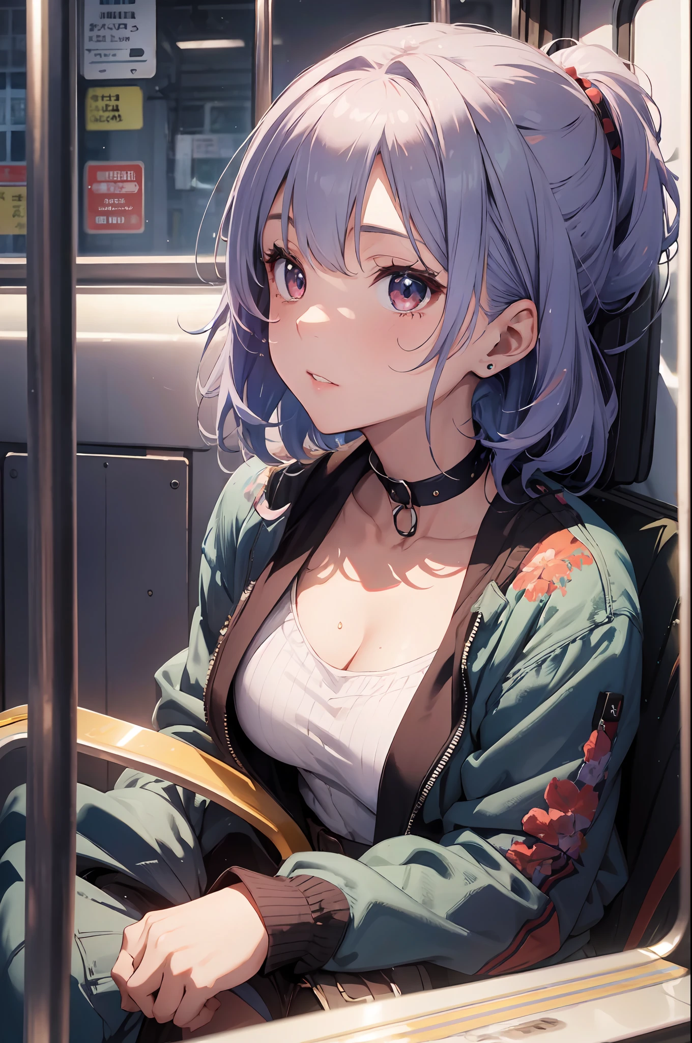 (8k, RAW photo, best quality, masterpiece:1.2),absurdres,detailed face, (light:1.2), a detailed painting, 8k, clearly worked out detail, intricate, cinematic,dim natural lighting,(character design by ilya kuvshinov and artgerm and wlop:0.5), (high detailed skin:0.9), (looking away to the side), shallow depth of field, portrait photography,
closeup portrait photo pale woman with colorful hair, (hiding behind a seat on a train:1.3), choker (wearing fashion jacket:1.1), (wide hips), background (bokeh), black stockings ,