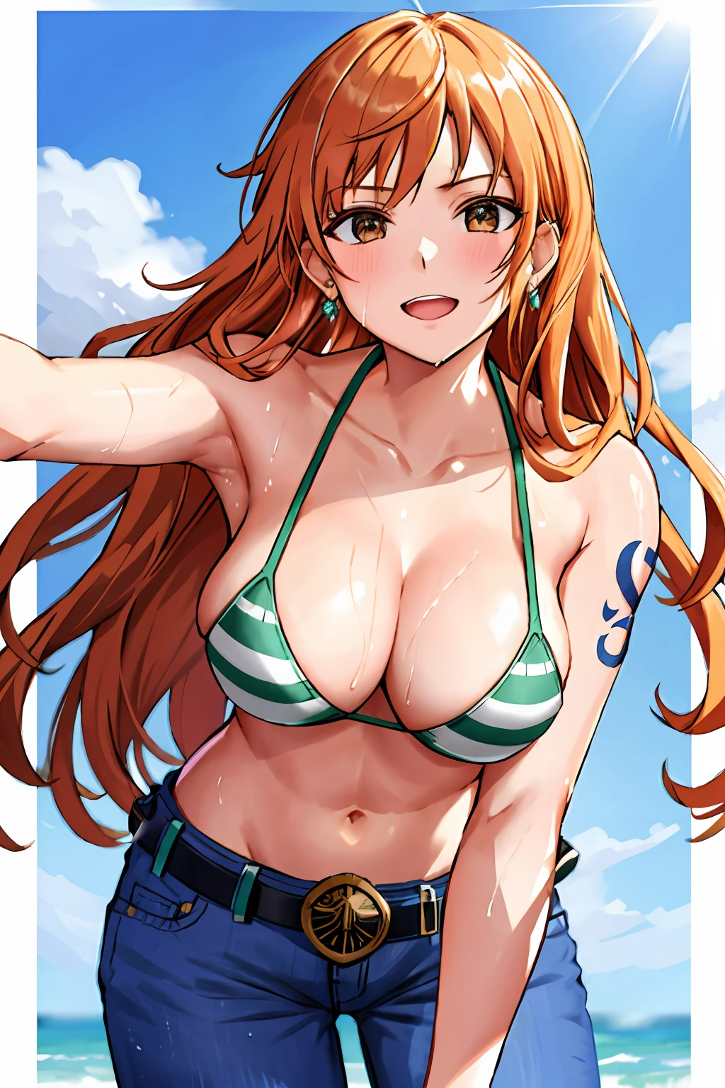 detailed background, masterpiece, 4k, best quality, late youth, adult, wrestler body, 1girl, active, energic, uppercut, (large mouth) , solo, nami \(one piece\), 1girl, bangle, (very wet, drenched in sweat, sweat all over body, very wet hair, tired, taking breath, open mouth, hand on stomach, sweaty face, sweaty body, panting, sweating too much, shiny sweat, sweat stains, leaning forward, tilting, hands on knees, waving good bye), perfect detailed face, bold drawing lines, muscular arms, detailed bold arm lines, flat jaw, adult woman, wavy wide streaked bangs, floating bang streaks, (big cheeks), bare shoulders, off-shoulders, belt, bikini, bikini top only, blue sky, bracelet, springy breasts, breast lines, big round eyes, plain big brown shiny eyes, bubbles, high eye position, cleavage, cloud, day, denim, earrings, floating hair, shiny hair, green belt, green bikini, bold groin lines, jeans, jewelry, large breasts, log pose, long hair, looking at viewer, navel, wet hair, orange hair, pants, shoulder tattoo, sidelocks, sky, solo, standing, stomach, swimsuit, tattoo , looking at viewer, open mouth, detailed left arm, big forehead, hourglass figure, small head, toned body, wide hair, wind effect, sun effect, under the sun, narrow small ears angle, older, random poses,