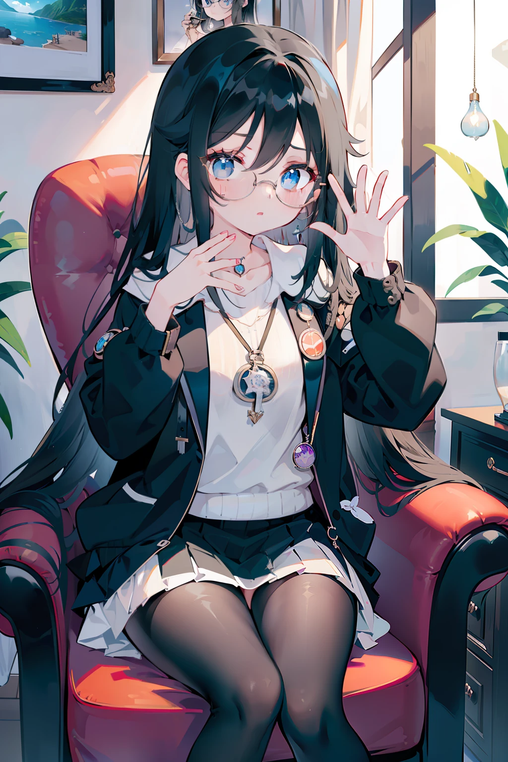 1 girl in、Long Black Hair、Blue eyes、((eye glasses))、Gestures to cure glasses、Shy face、Onepiece、Madaranahikari、sit a chair、Head to thigh、Looking at the camera、(High resolution of the highest quality)、((masterpiece best quality:1.2))、[[Bad face]], [[Fused fingers]]