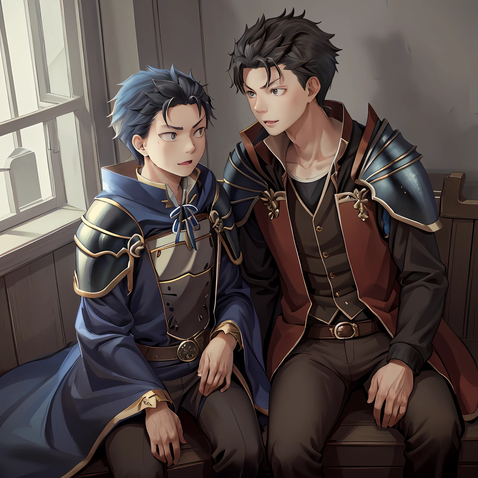 (1 Adult male),A high resolution, Sharp focus, Pixiv masterpiece, ((Complicated details)), highly detailed, natsuki_subaru, 1 man, with her mouth open,drools,full bodyesbian, blue colored eyes(eyes glowing), with short black hair,Armour,cloaks,Shoulder armor,perspire,look from down