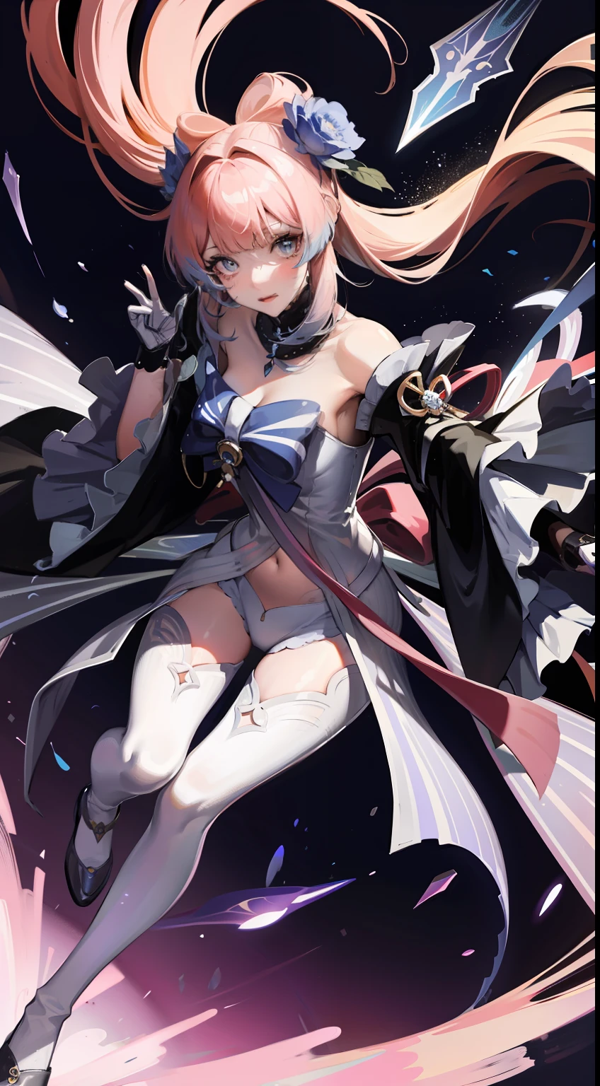 Full body like，（tmasterpiece，best qualtiy：1.4），lightpainting，（Long exposure：1.2），dynamic streaks，Luminous trajectory，vivd colour，Smooth movement，Charming Patterns，Creative experimentation，（1girll），（highest details），（cowboy lens： 1.2)、dynamicposes，Combat action，folds，folds，folds，Transparent sleeves，pink flower
