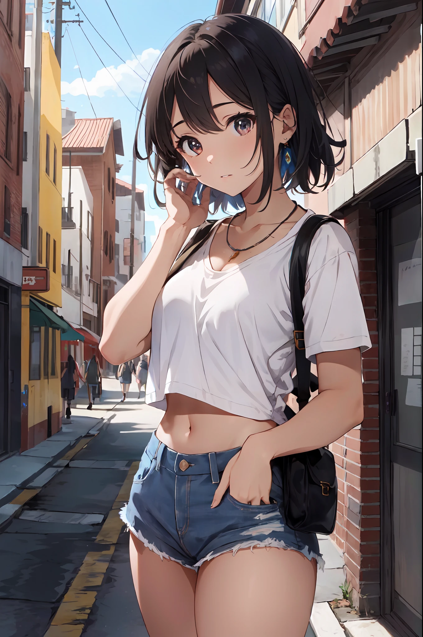 {{{masterpiece}}}, {extremely delicate and beautiful}, (solo:1.5), (best quality:1.2), (ultra high res, photorealistic, raw photo:1.4), 8k, Cinematic Lighting, beautiful lighting, professional lighting, physically-based rendering, photon mapping, radiosity, detailed and intricate, detail face, face highlight, slim body, white skin, big eyes, 1girl, big breasts, black hair, city, sidewalk, skyscrapers, crop top, short shorts, standing, medium hair, jewelry, looking at another, staring, necklace, day, sky, aged down