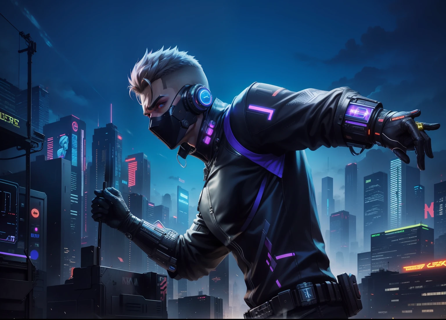 "Alter the backdrop to a cyberpunk setting featuring a handsome young man with a realistic face."