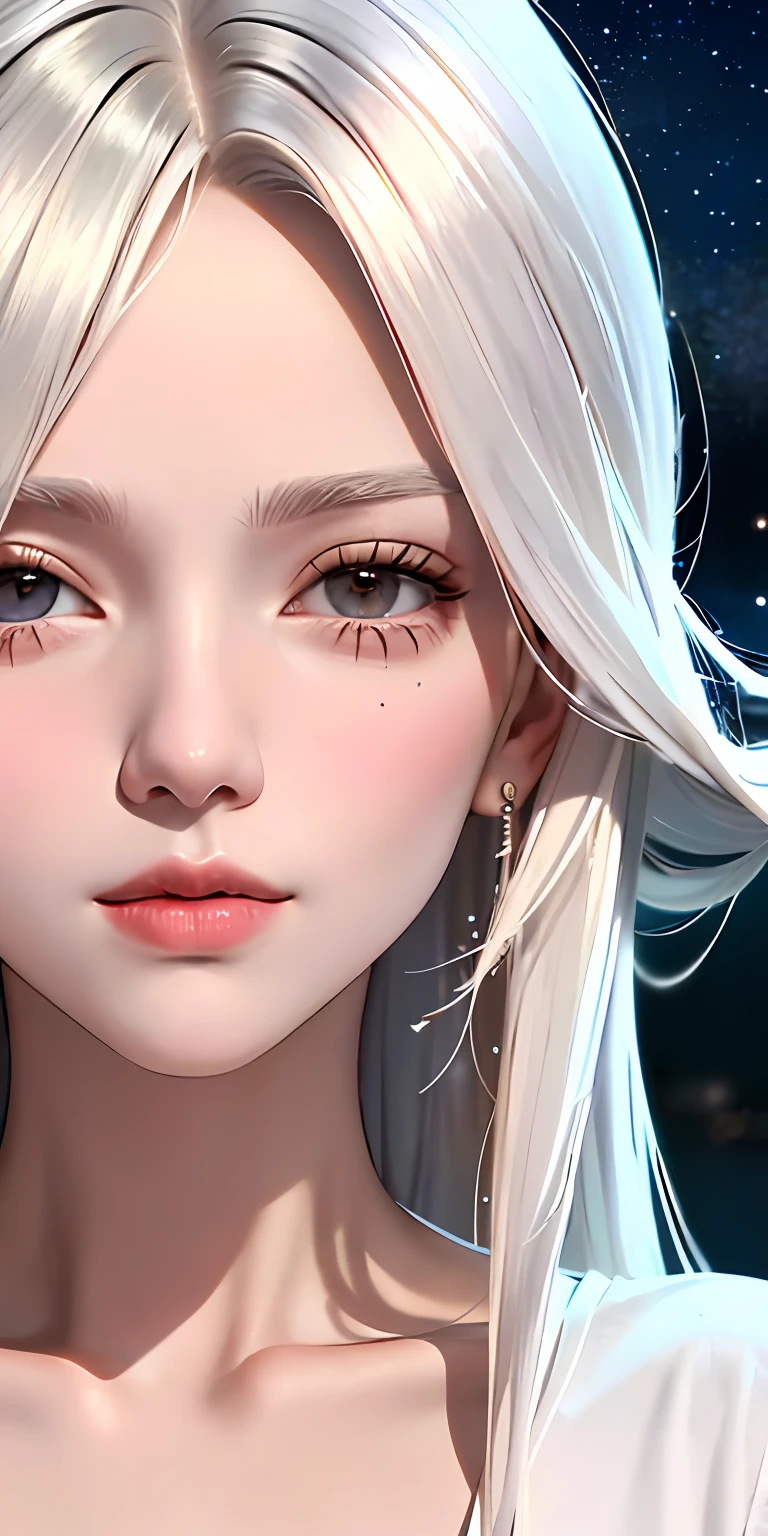 Facing you, with sunglasses, a glimpse of collarbone, wearing a white t-shirt, her flowing golden hair under the night sky filled with scattered stars, a mature woman staring directly into the camera with an up-close portrait.