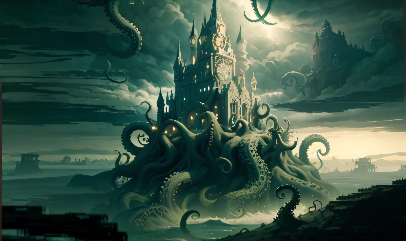 There is an image of a magnificent castle with octopus tentacles in the water, paisagem lovecraftiana, Fundo Lovecraftiano, detailed cinematic render, 8 k cg render, artistic work, alta qualidade, Inspirado em Lovecraft, inspirado em H.P. Lovecraft, foto Cthulhu, lovecraftian inspiration, Lula de Cthulhu, lovecraft illustration, Atmosfera lovecraftiana, Onde os horrores lovecraftianos vagam, lovecraft horror, Arte Lovecraft, leviathan cthulhu squid, gloomy, Sombrio, Aterrador, but beautiful, um sonho, pesadelo.