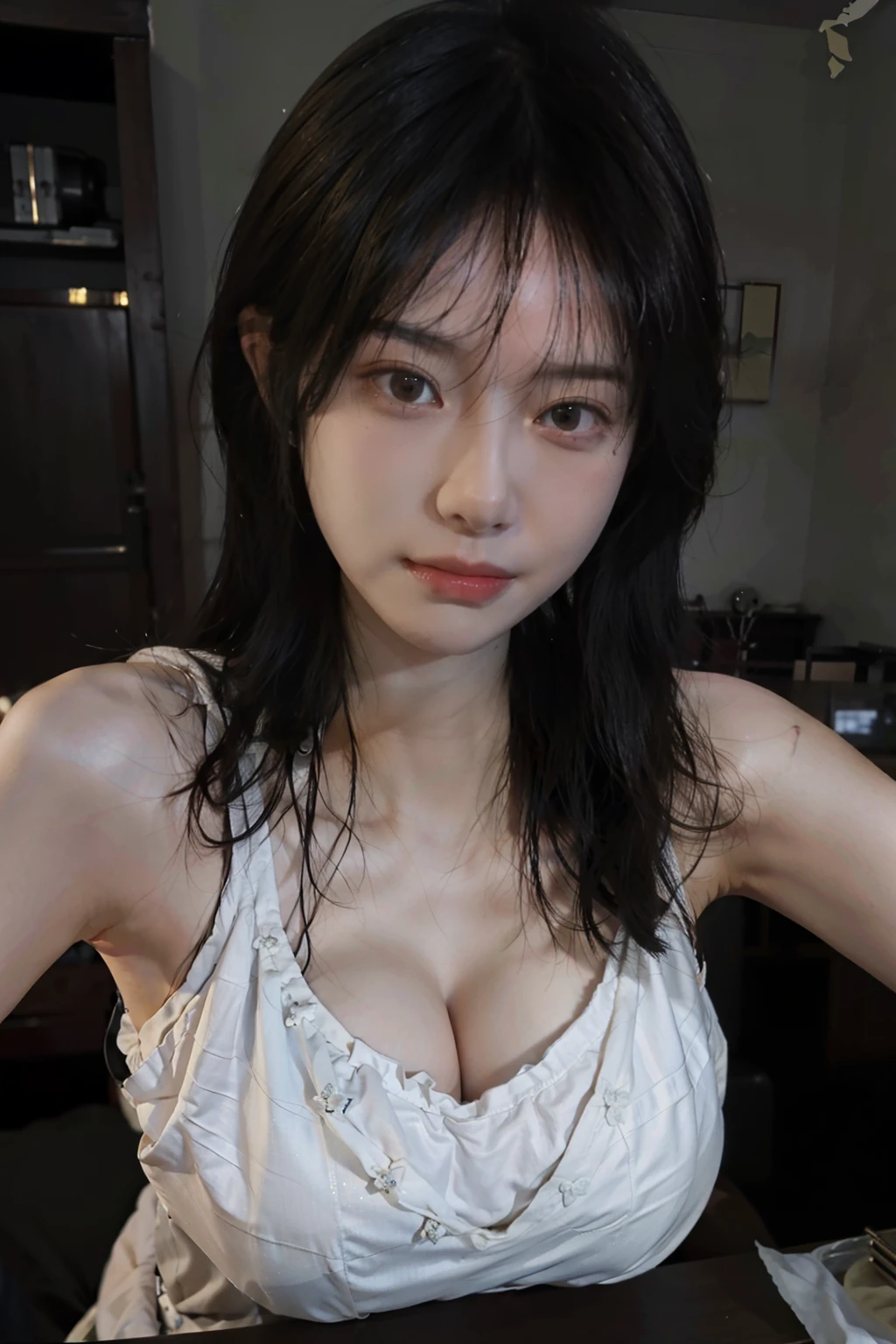 8K,best qualtiy,tmasterpiece,超高分辨率,(真实感:1.4),RAW photogr,(True skin texture:1.3),(filmgrain:1.3),(Selfie angle),1个Giant Breast Girl,Beautiful eye and face details,tmasterpiece,Best quality at best,closeup cleavage,The upper part of the body,Large breasts,stand firm,