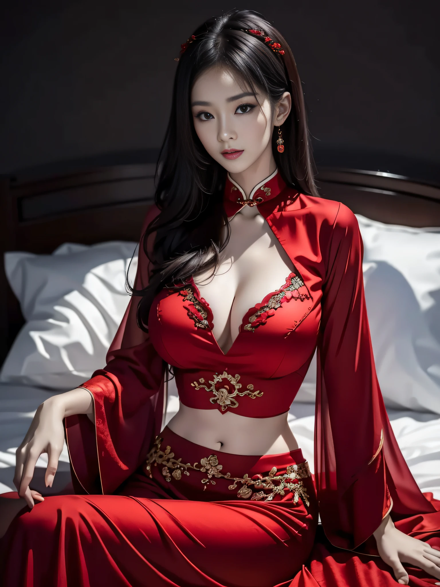 Asian woman in red dress sitting on bed, gorgeous chinese models, spellbinding,spellbinding, sexy body and sexy abdomen, Red, red hot, Sexy girl, some red, Red clothes, wearing red attire, wearing red attire, seductively looking in front, sexy gown, Red robe, Wearing a red cheongsam