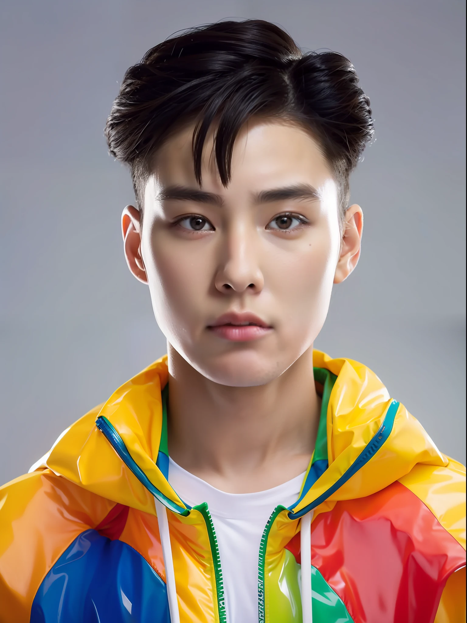 A 16-year-old male high school student,Wearing a PVC yellow racing suit,There are zippers,Green in the middle