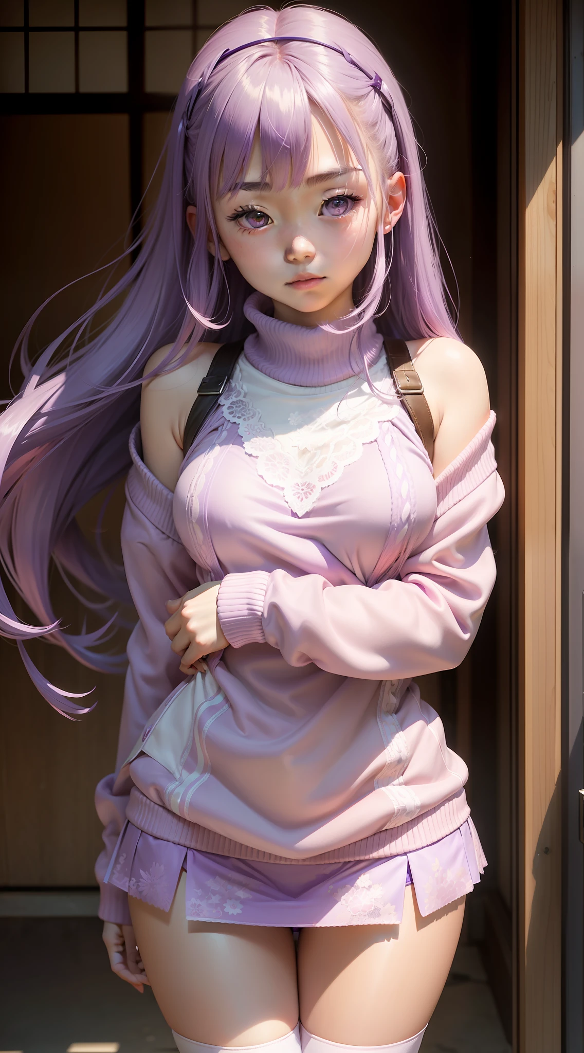  Japanese girl，broad chest，Long pink and purple hair,Light purple miniskirt，Lilac sweater, Shy face，Purple suspender stockings，The skirt was lifted by the wind to reveal purple lace panties，Whitening skin