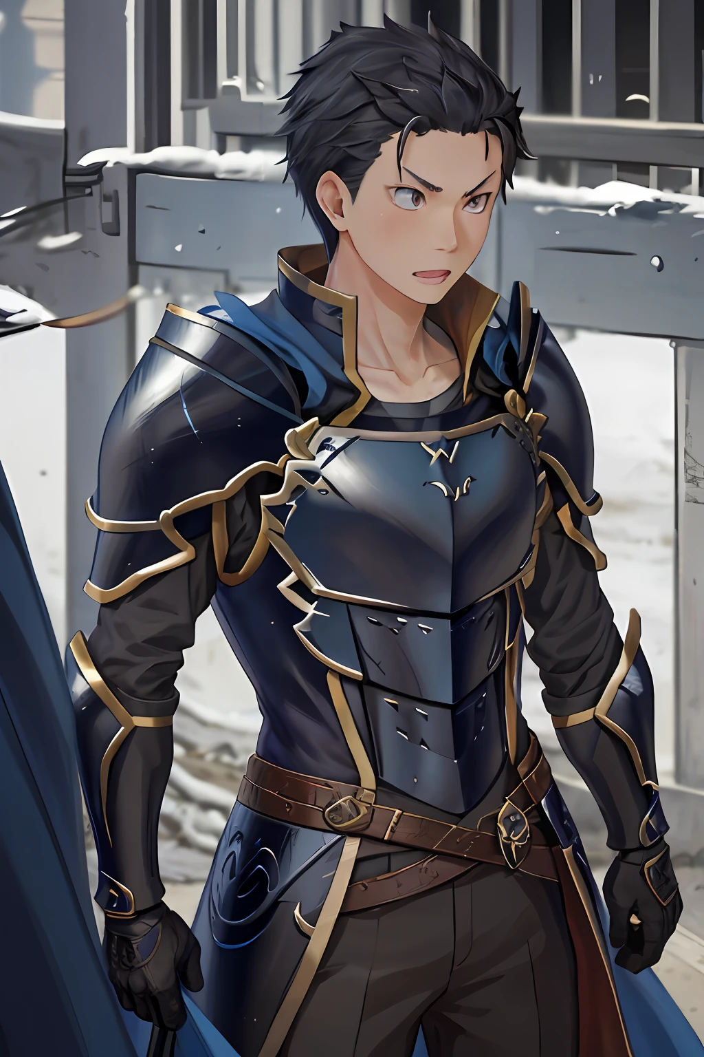 （1 Adult male），A high resolution， Sharp focus， Pixiv masterpiece， （（Complicated details））， highly  detailed， natsuki_subaru， 1 man， with her mouth open，drools，full bodyesbian， blue colored eyes（eyes glowing）， with short black hair，Armour，cloaks，Shoulder armor，perspire，look from down