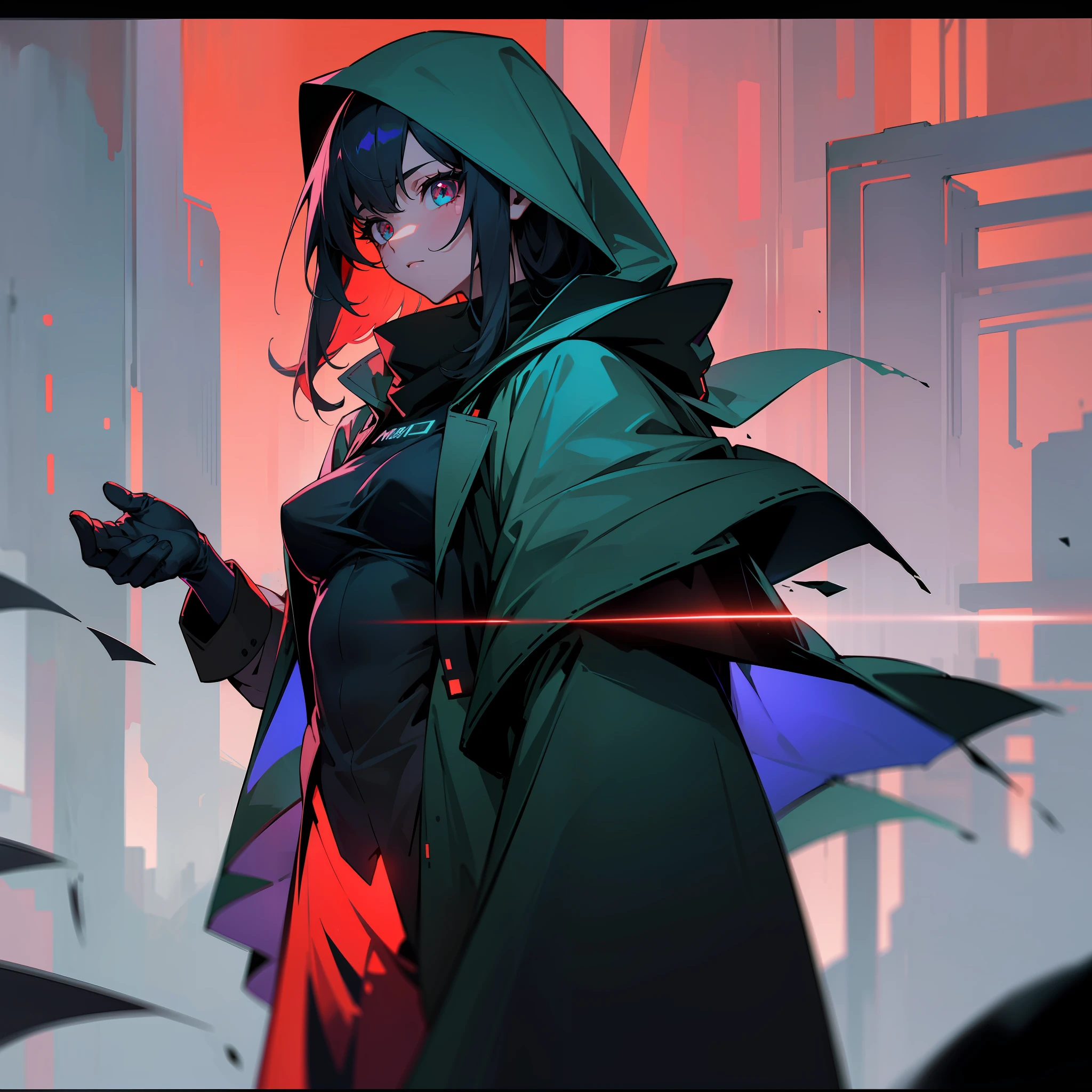 （hyper realisitc：1.3），（particulate：0.8），natural  lightting，Cidade futuristica，（rained：1.3），（covert：1.3），（mist：1.2），green light，Red light，Blue lights and girls，Cloak with hood，light logo，[Cyberpunk costumes：Torn fabric：0.35]，Green light，Red light，menacing，sharp，（cool colours：0.75），medium boob