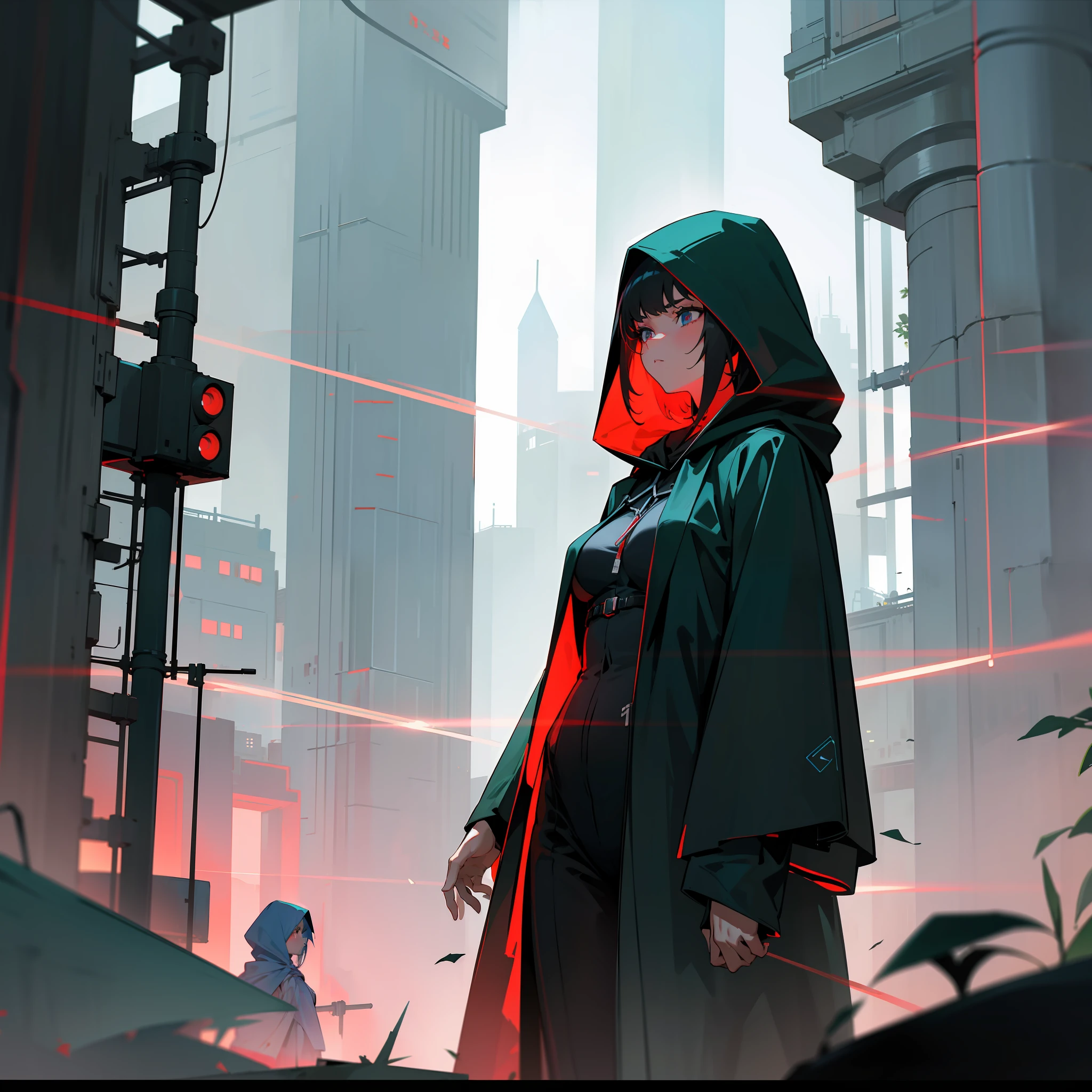 （hyper realisitc：1.3），（particulate：0.8），natural  lightting，Cidade futuristica，（rained：1.3），（covert：1.3），（mist：1.2），green light，Red light，Blue lights and girls，Cloak with hood，light logo，[Cyberpunk costumes：Torn fabric：0.35]，Green light，Red light，menacing，sharp，（cool colours：0.75），medium boob