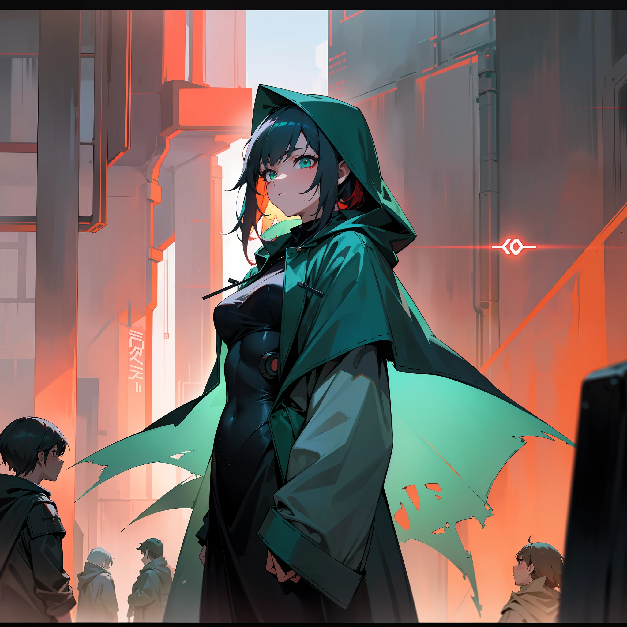 （hyper realisitc：1.3），（particulate：0.8），natural  lightting，Cidade futuristica，（rained：1.3），（covert：1.3），（mist：1.2），green light，Red light，Blue lights and girls，Cloak with hood，light logo，[Cyberpunk costumes：Torn fabric：0.35]，Green light，Red light，menacing，sharp，（cool colours：0.75），medium boob