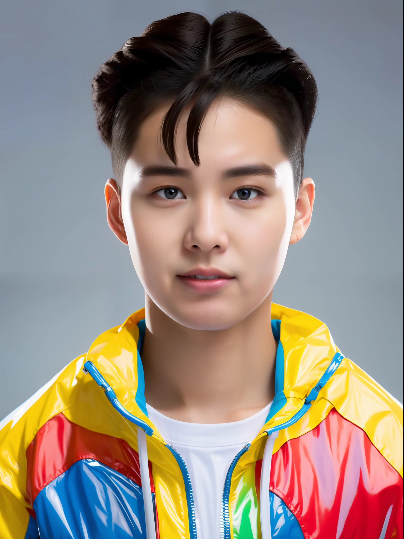 A 16-year-old male high school student，Wearing a PVC yellow racing suit，There are zippers，Cyan hair is split in the middle