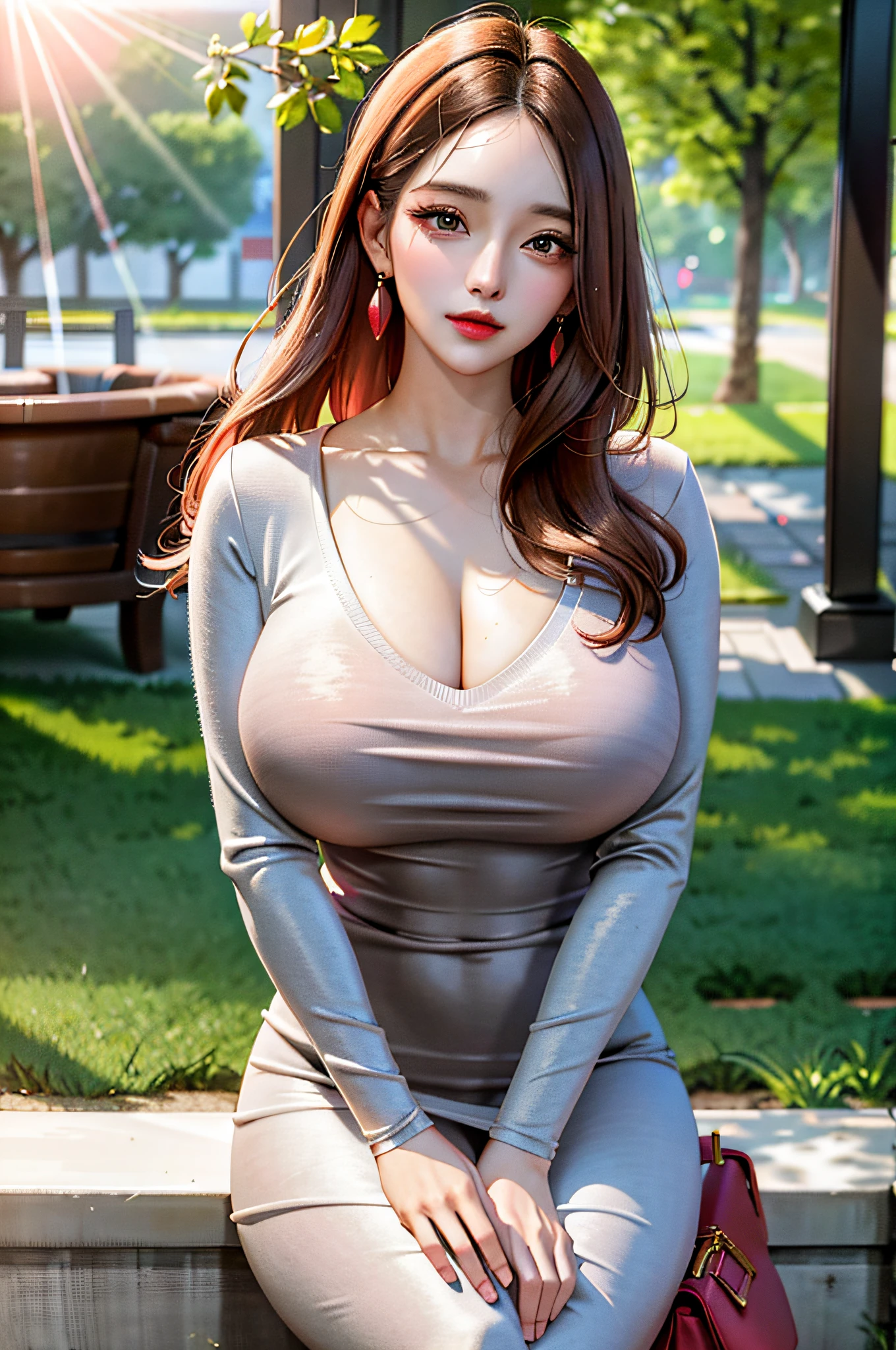 RAW, 1girl, solo, colorful, (masterpiece, best quality:1.3), (absurdres:1.3), walking, holding Luxury handbag,
(detailed skin:1.3, detailed face:1.3), from above, looking at viewer,
sharp focus, delicate, (korean beauty, korean mixed:1.3), (mature female:1.2),
(huge breasts:1.4, thick thighs:1.2, narrow :1.1), light smile,
(big_eyes:1.2, brown_eyes), red_eyeshadow, pink lips,
(straight hair), looking at viewer, (thin gray v-neck long midi dress:1.2),
park, english text, day, (sunlight on face:1.5), open_blazer,