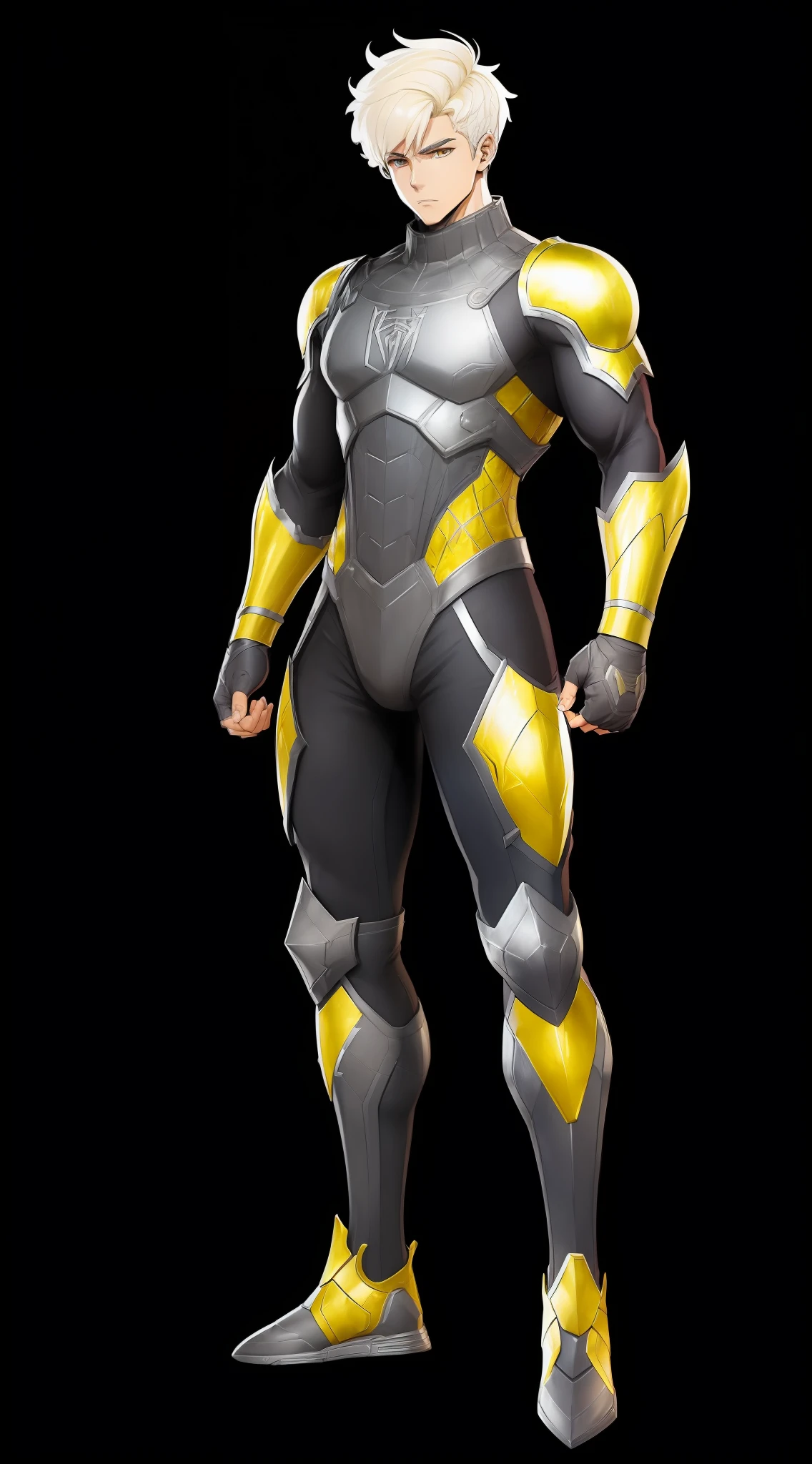 ((((Webtoon style)))), ((((Character description)))) man in detailed ultra futuristic steel armor, pixie short yelow hair, Russian, full body, casual pose], [Ultra mega hyper ripped muscles ]