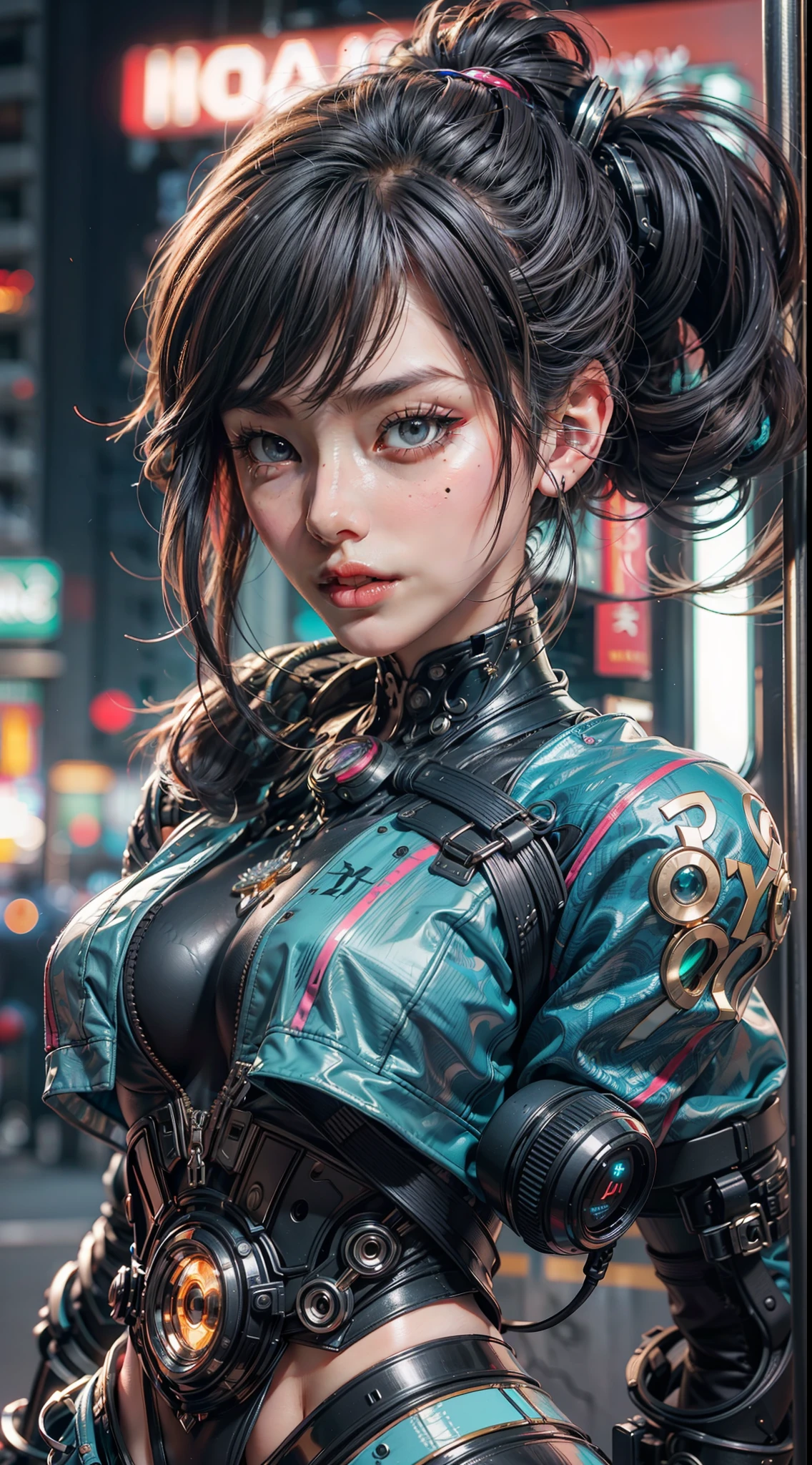 masterpiece, best quality, 1 cyberpunk girl wearing Harajuku-inspired cyberpunk outfit, body tattoo, bold colors and patterns, eye-catching accessories, trendy and innovative hairstyle, dazzling Cyberpunk cityscape, skyscrapers, neon signs, LED lights, bright and vivid color scheme, anime, illustration, detailed skin texture, detailed cloth texture, beautiful detailed face, intricate details, ultra detailed, cinematic lighting, dark shadows.