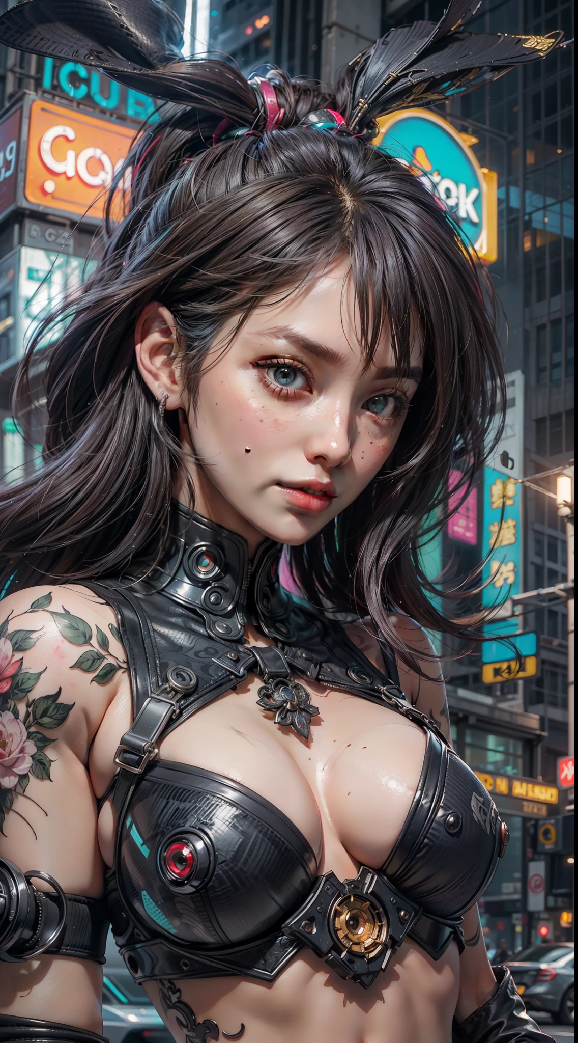 masterpiece, best quality, 1 cyberpunk girl wearing Harajuku-inspired cyberpunk outfit, body tattoo, bold colors and patterns, eye-catching accessories, trendy and innovative hairstyle, dazzling Cyberpunk cityscape, skyscrapers, neon signs, LED lights, bright and vivid color scheme, anime, illustration, detailed skin texture, detailed cloth texture, beautiful detailed face, intricate details, ultra detailed, cinematic lighting, dark shadows.