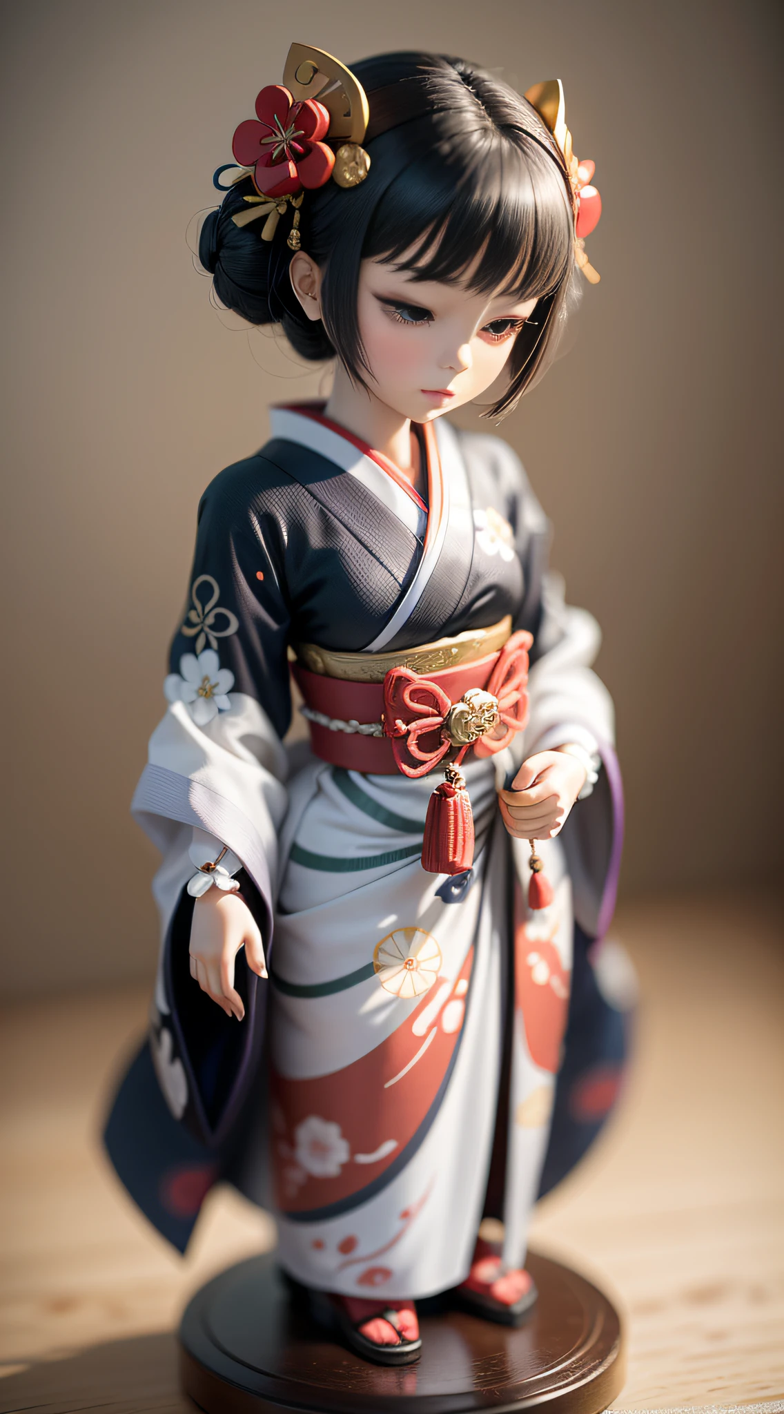 A small anime doll, Depiction of geisha, Inside the blind box, Place on a small pedestal, On a clean white background, Artificial light lighting. The artwork is of top-notch photographic quality, Capture every intricate detail of anime dolls.