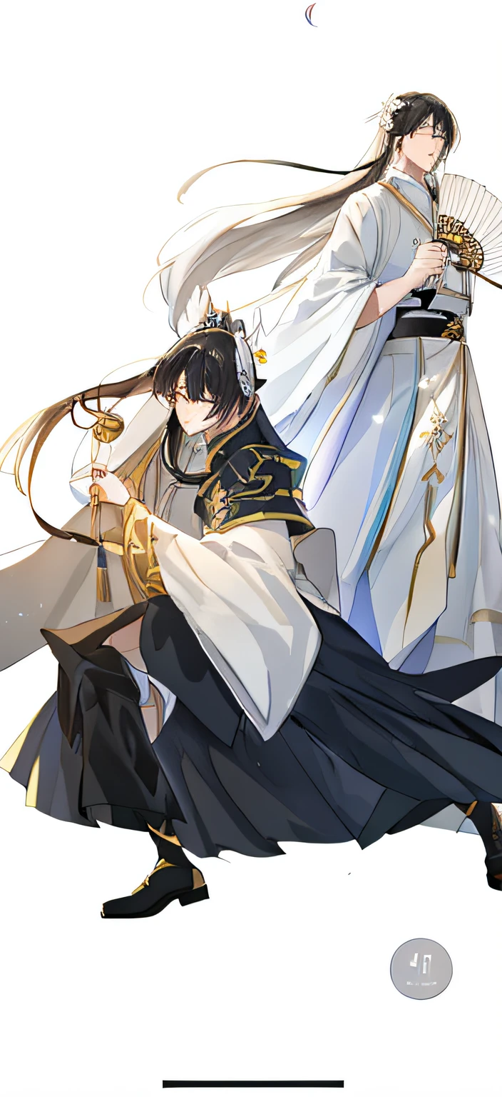 Anime characters dressed in white and black are fighting, flowing hair and long robes, heise jinyao, flowing white robe, wearing a long flowing robe, handsome guy in demon killer art, White Hanfu, dark robed,Gold accents, Keqing from Genshin Impact, Onmyoji detailed art, full-body wuxia, by Yang J, flowing white robe