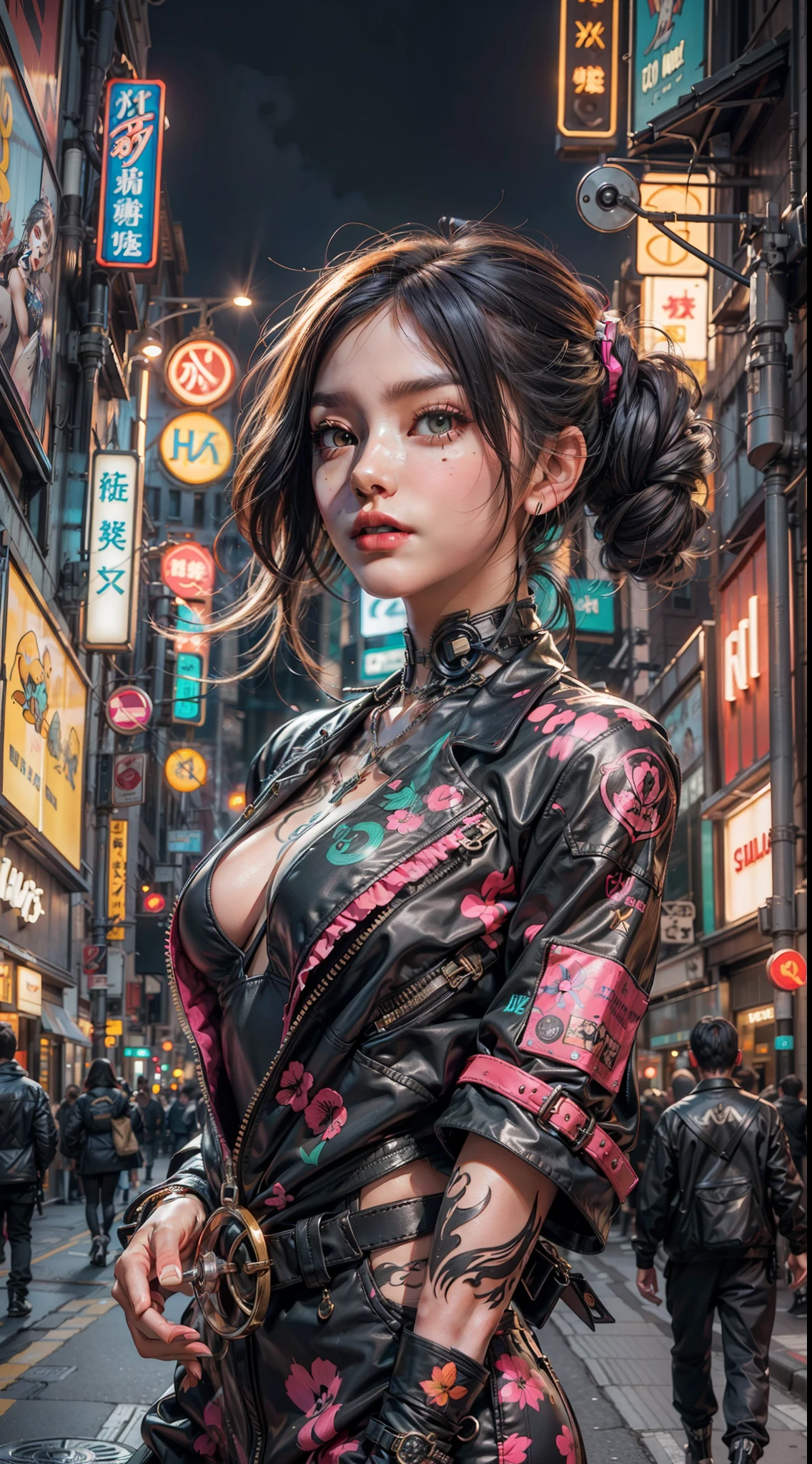 masterpiece, best quality, 1 cyberpunk girl wearing Harajuku-inspired cyberpunk outfit, body tattoo, bold colors and patterns, eye-catching accessories, trendy and innovative hairstyle, dazzling Cyberpunk cityscape, skyscrapers, neon signs, LED lights, bright and vivid color scheme, anime, illustration, detailed skin texture, detailed cloth texture, beautiful detailed face, intricate details, ultra detailed, cinematic lighting, dark shadows.