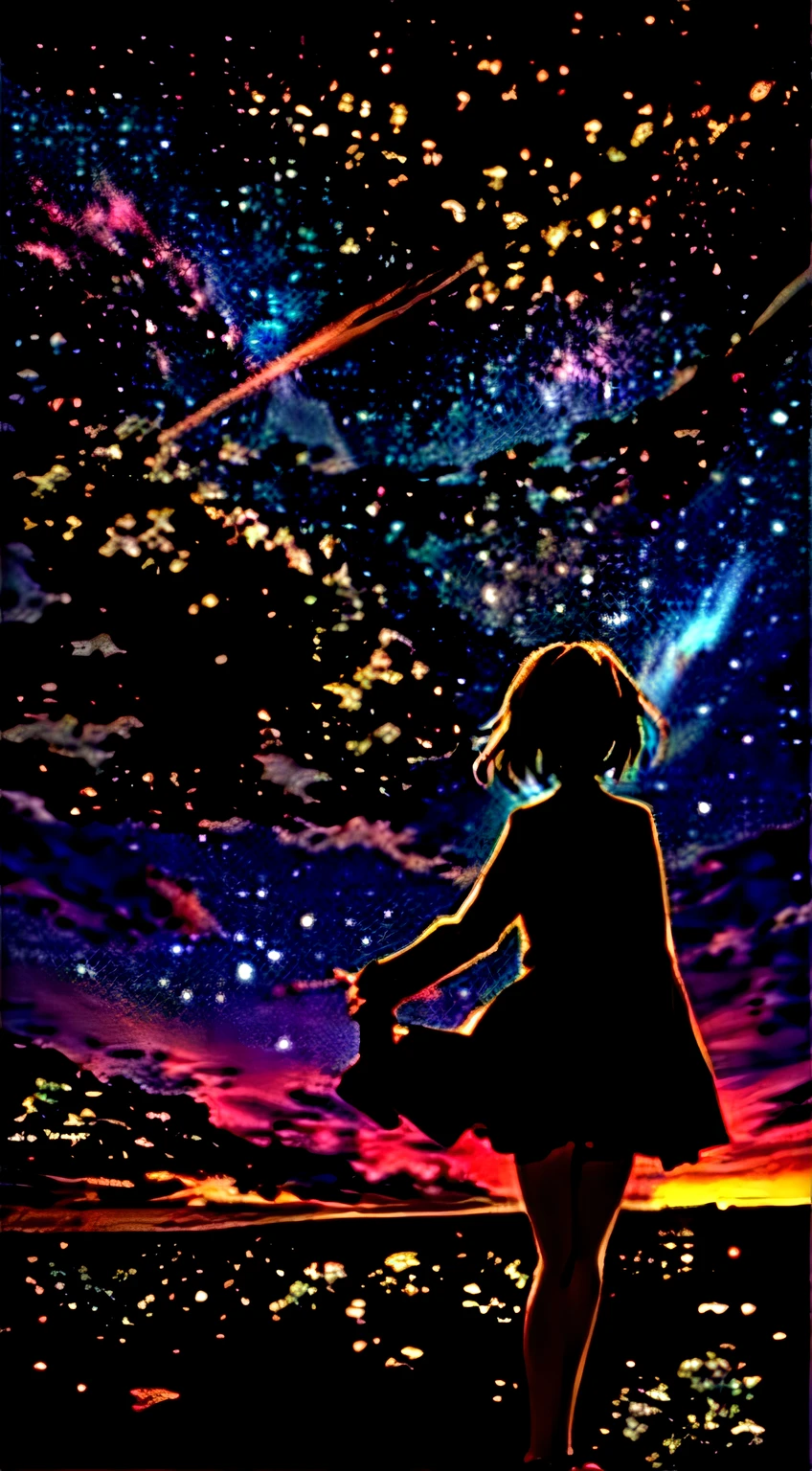 There is a woman standing on a hill looking at the stars, girl looks at the space, makoto shinkai cyril rolando, girl in space, on a galaxy looking background, cosmic sky. by makoto shinkai, endless cosmos in the background, lost in the immensity of space, anime girl with cosmic hair, inspired by Cyril Rolando