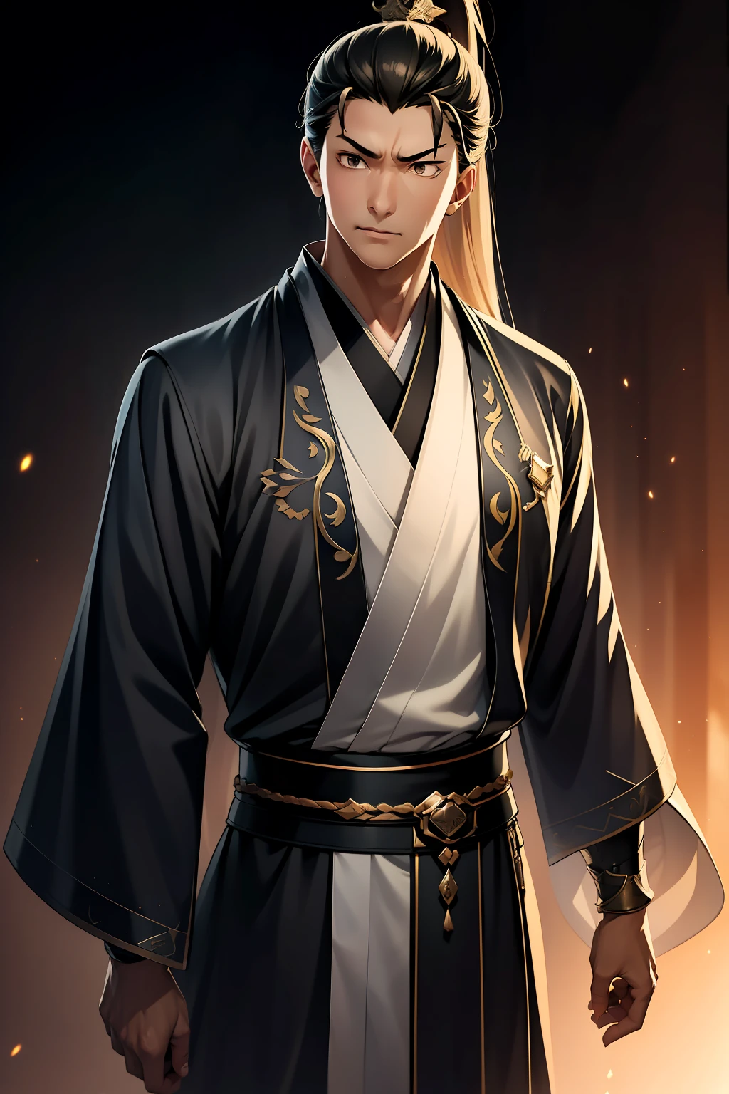 quadratic element,style of anime,mtu(Male Warrior),The proportions are correct,Face details,swordsmen,High ponytail hairstyle,Neck details,There is an Adam's apple,Black Hanfu,kaftan,Embroidered robes,Black robe,clothes details,Handing over,longer sleeves,Game quality,Swordsmanship,Light and shadow tracking,Ray traching,detailed glow,cg render,hair detail,cabelos preto e longos,Black eyes,Handsome,Handsome,(juvenile sense),Clothing is complicated,Perfectcomposition,Refinement,high qulity,higher details,Lots of details,The background is complex,a sense of atmosphere,
