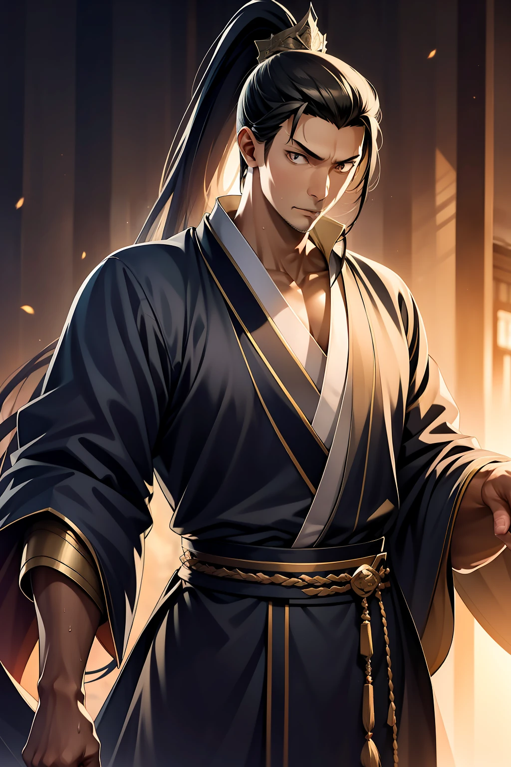 quadratic element，style of anime，mtu（Male Warrior），The proportions are correct，Face details，swordsmen，High ponytail hairstyle，Neck details，There is an Adam's apple，Black Hanfu，kaftan，Embroidered robes，Black robe，clothes details，Handing over，longer sleeves，Game quality，Swordsmanship，Light and shadow tracking，Ray traching，detailed glow，cg render，hair detail，cabelos preto e longos，Black eyes，Handsome，Handsome，（juvenile sense），Clothing is complicated，Perfectcomposition，Refinement，high qulity，higher details，Lots of details，The background is complex，a sense of atmosphere，