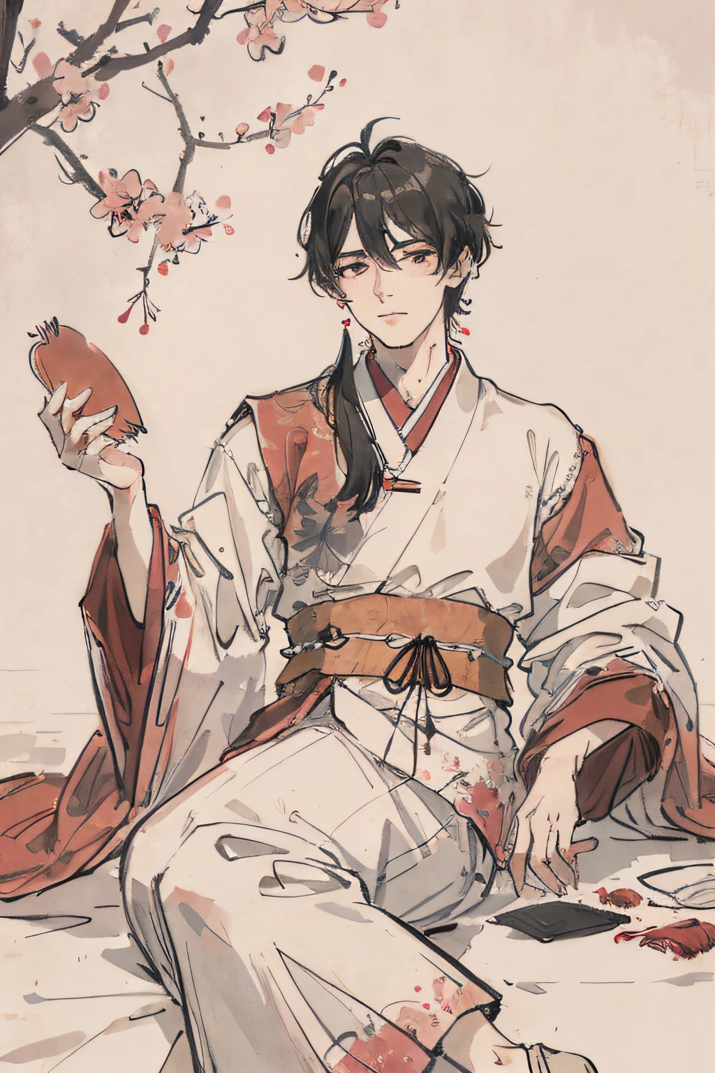 （tmasterpiece，best qualtiy：1.2），Tradition Chinese Ink Painting，Ming dynasty scholar，Wearing Ming Dynasty costumes，Under a peach blossom tree，Play Go，The scholar's face is handsome and flowing，The eyes are very alert，Smart look