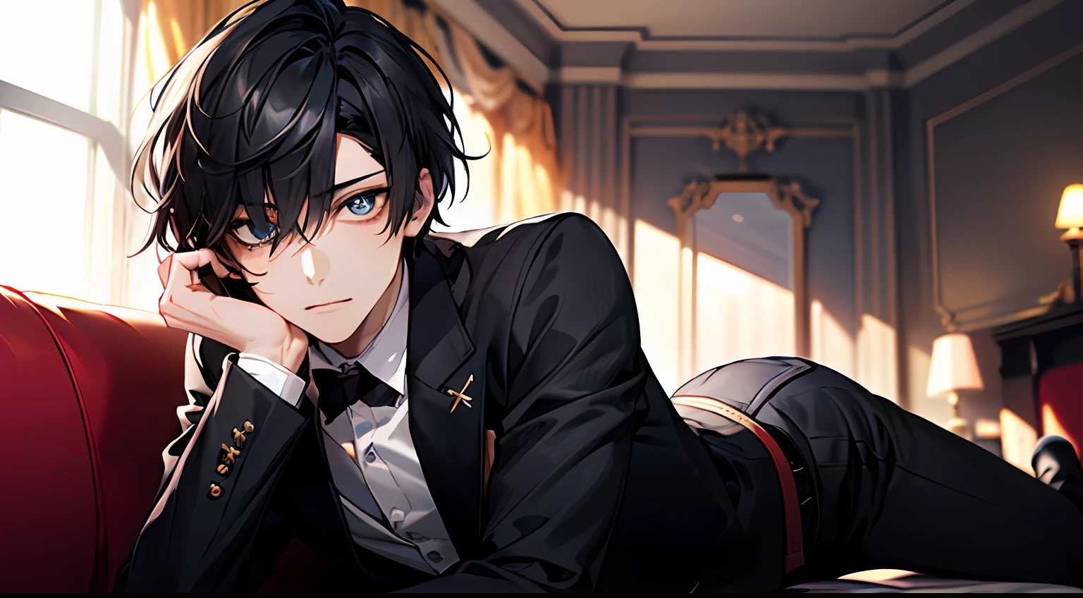 (best qualtiy,8K,tmasterpiece),Best light,Best shadow,电影灯光,(realskin)Ray traching,Reflective skin,Digital illustration,Game CG characters,(Body edge lighting,Colored light sources are around),There is wind blowing hair,Looking into the distance,1boys,Adults,short detailed hair,Black color hair,having fun,(Detail the eyes,Eye 1:2,Clear eyes,Elaborate Eyes,Delicate pupils,good eyes,eye detailed),Face focus,In black suit,formal outfit,best qualtiy,detail in face,Idle,(Being in the room,lying on sofa,Capture),Detailed background,Background with,(Being in the room,lying on sofa,Capture),depth of fields,Background bokeh