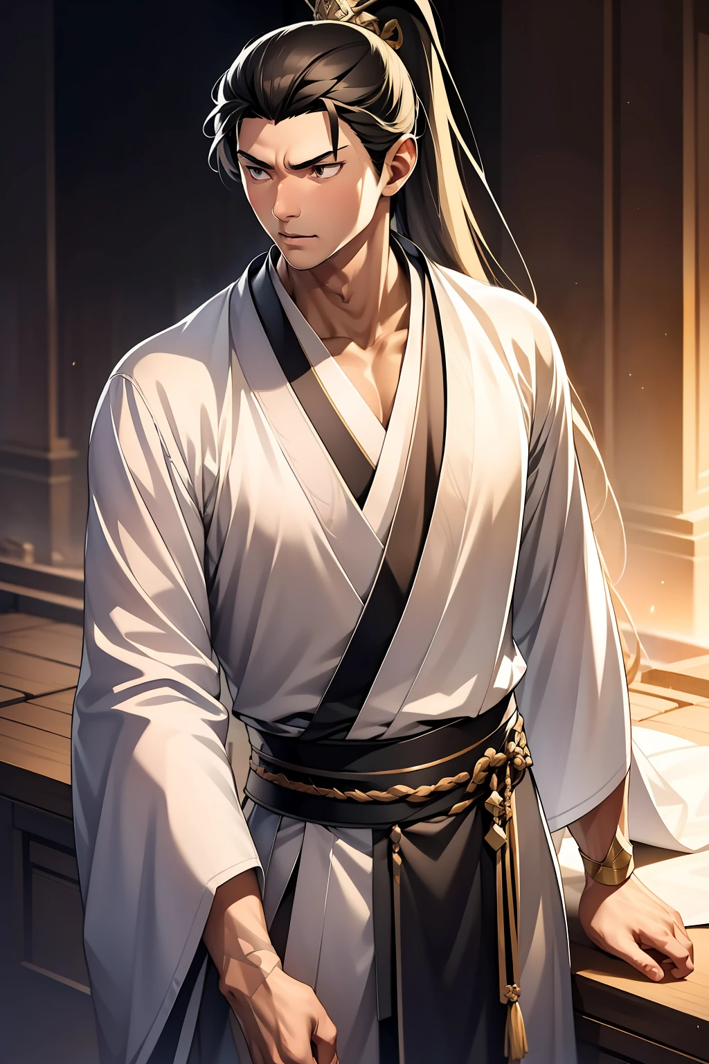quadratic element,style of anime,mtu(Male Warrior),The proportions are correct,Face details,swordsmen,High ponytail hairstyle,Neck details,There is an Adam's apple,Black Hanfu,kaftan,Embroidered robes,Black robe,clothes details,Handing over,longer sleeves,Game quality,Swordsmanship,Light and shadow tracking,Ray traching,detailed glow,cg render,hair detail,cabelos preto e longos,Black eyes,Handsome,Handsome,(juvenile sense),Clothing is complicated,Perfectcomposition,Refinement,high qulity,higher details,Lots of details,The background is complex,a sense of atmosphere,