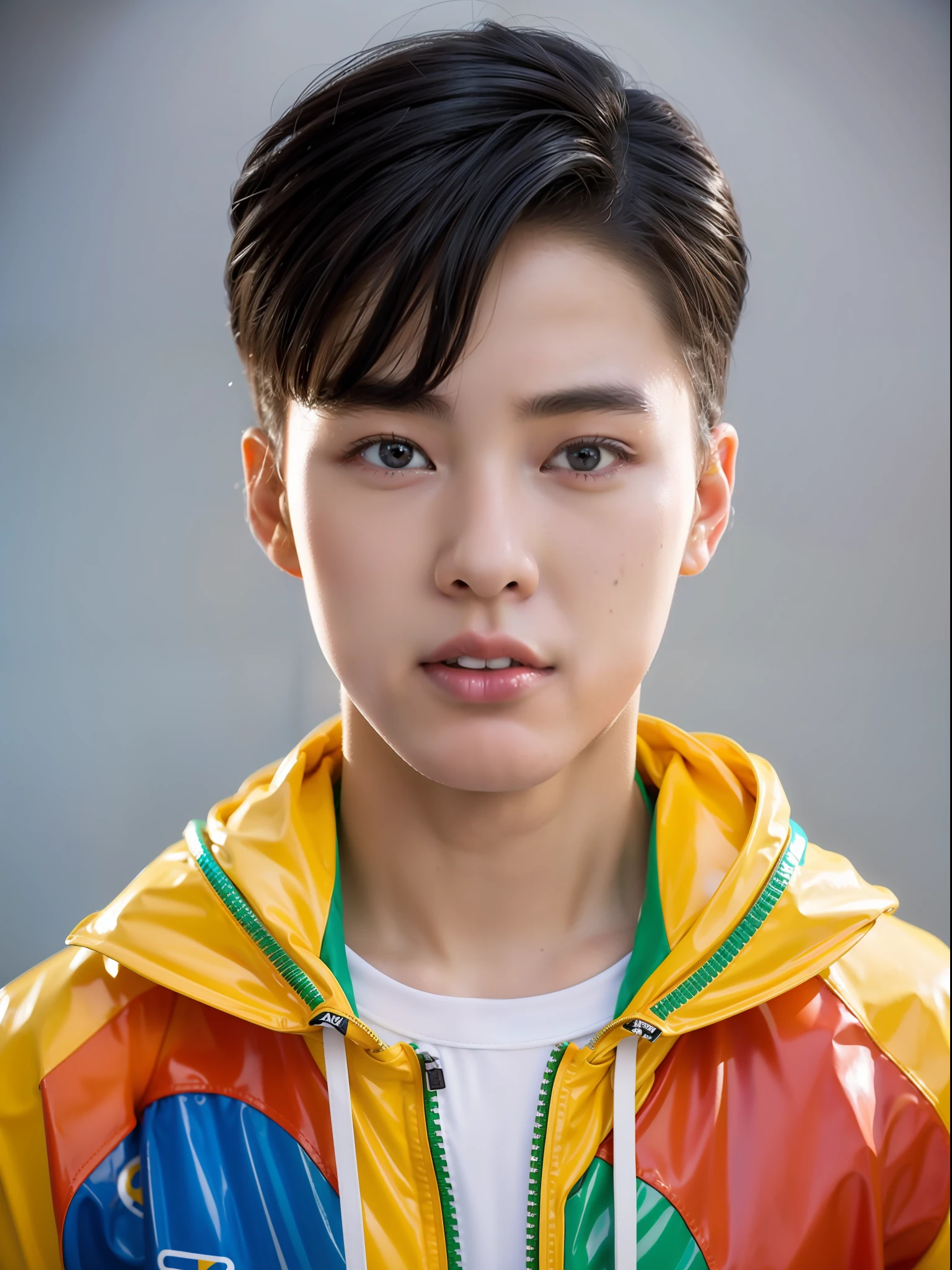 A 16-year-old male high school student,Wearing a PVC yellow racing suit,There are zippers,Cyan hair splits in the middle