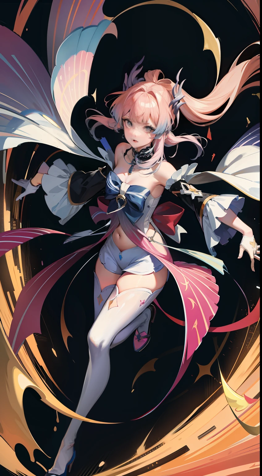 Full body like，（tmasterpiece，best qualtiy：1.4），lightpainting，（Long exposure：1.2），dynamic streaks，Luminous trajectory，vivd colour，Smooth movement，Charming Patterns，Creative experimentation，（1girll），（highest details），（cowboy lens： 1.2)、dynamicposes，Combat action，folds，folds，folds，see-through sleeves，pink flower