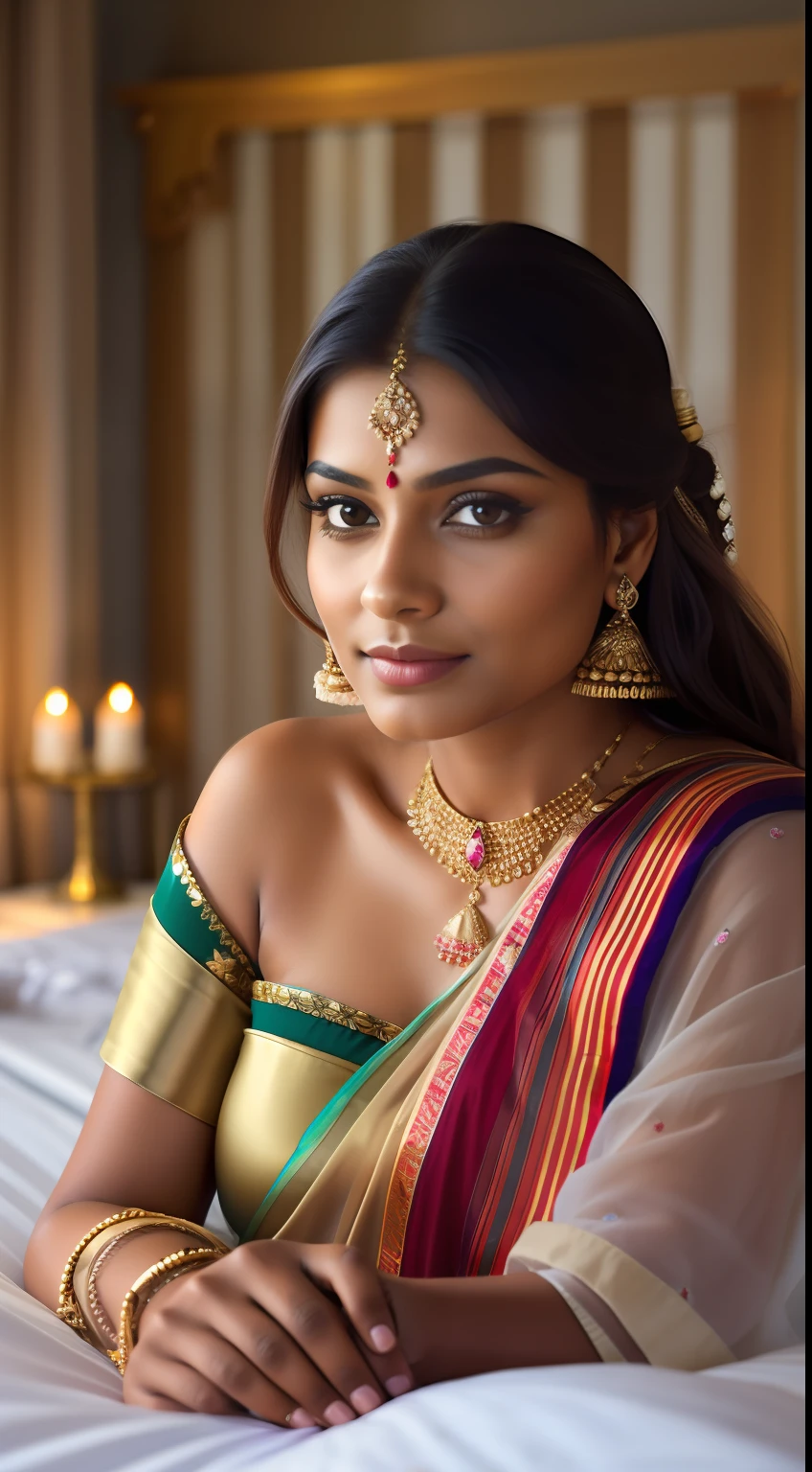 "Portrait of   actress Indian princess in a cozy and intimate bedroom setting."