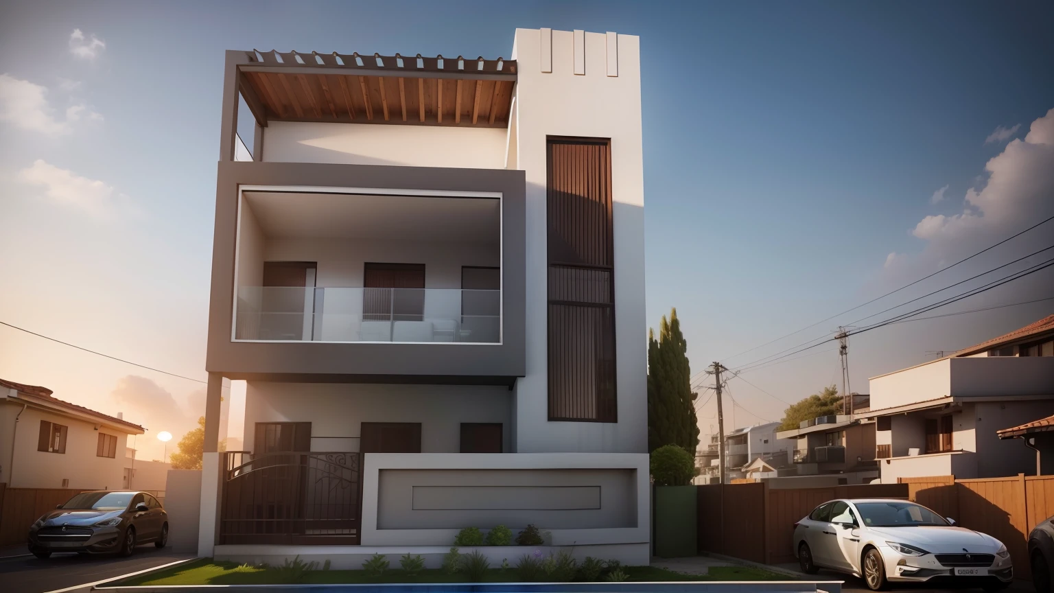 a close up of a house with a lot of windows and a balcony, inter dimensional villa, overall architectural design, modern architecture design, exterior design, high quality rendering, render to resolute perfection, building facing, architectural visualization, precise architectural rendering, architecture design, residential design, beautiful 3 d rendering, 3 d rendering, 3d rendering, professional render ,add little garden, plants , add lawn at front