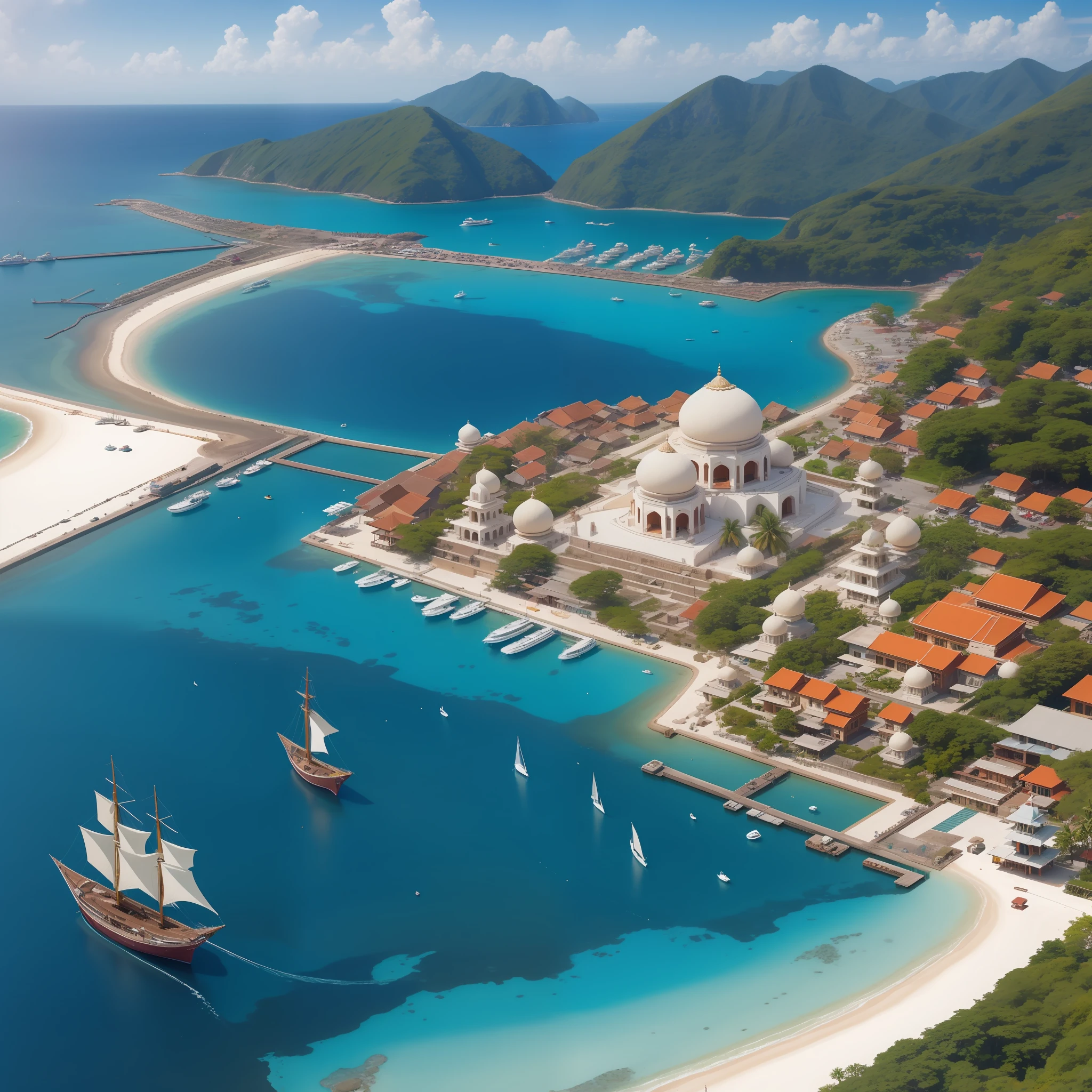 Tropical indian hindu island port, sunny, white sandy beaches, traditional wooden sailing ships, many dock piers, crystal clear sea, anime style, indian aesthetics, hindu aesthetics, dome roofs, main harbour of the island