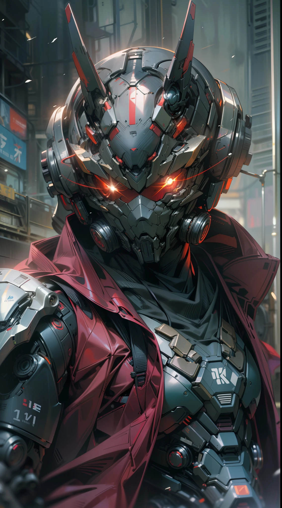 ((Best Quality, 8K, Masterpiece: 1.3)),((Amazing detail: 1.2)),((illustration: 1.1)),Kamen Rider,Combat posture,Red eyes,Eyes glow,Cyberpunk,Purple skin,Manga,Red floating scarf,Splash Art,Realistic,urban backdrop,Mechanical horns