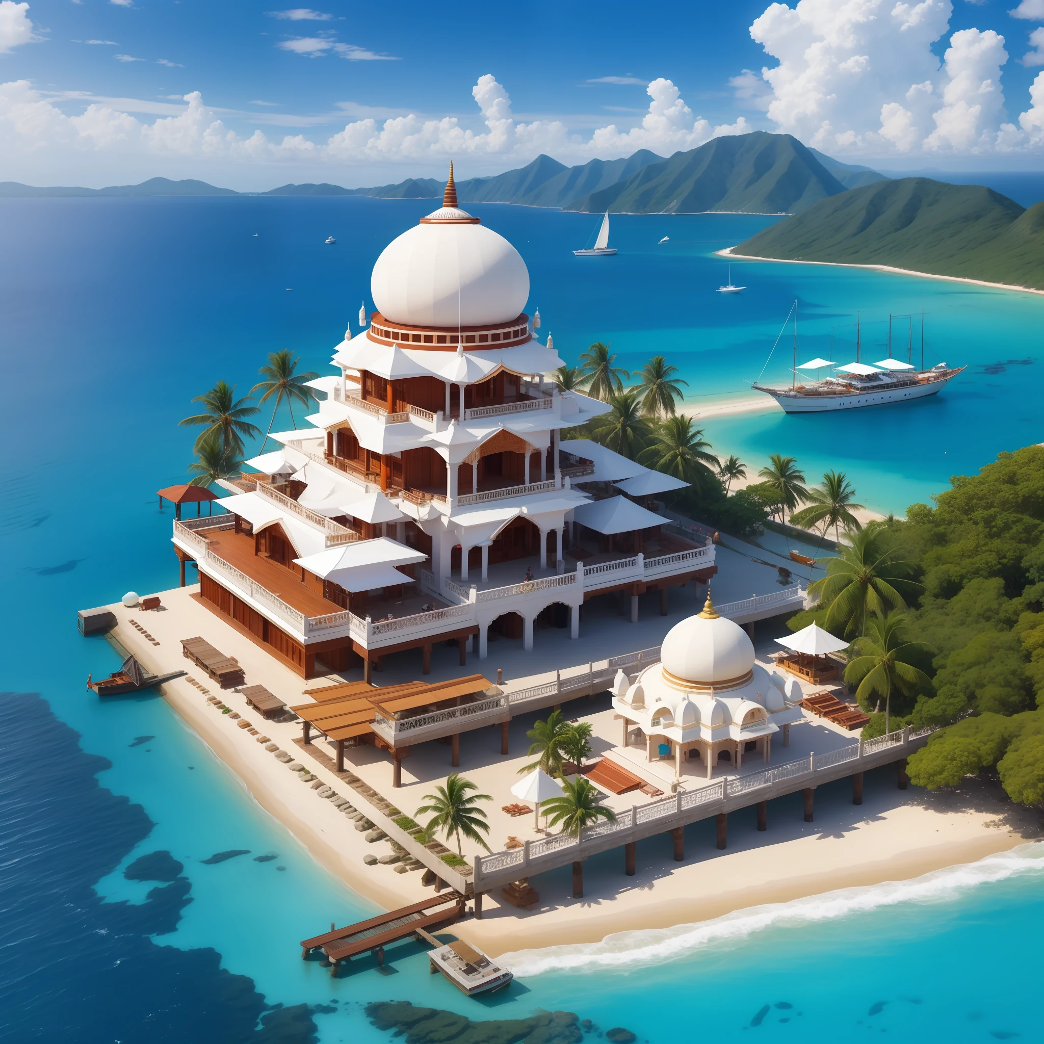 Tropical indian hindu island port, sunny, white sandy beaches, traditional wooden sailing ships, many dock piers, crystal clear sea, anime style, indian aesthetics, hindu aesthetics, dome roofs, main harbour of the island