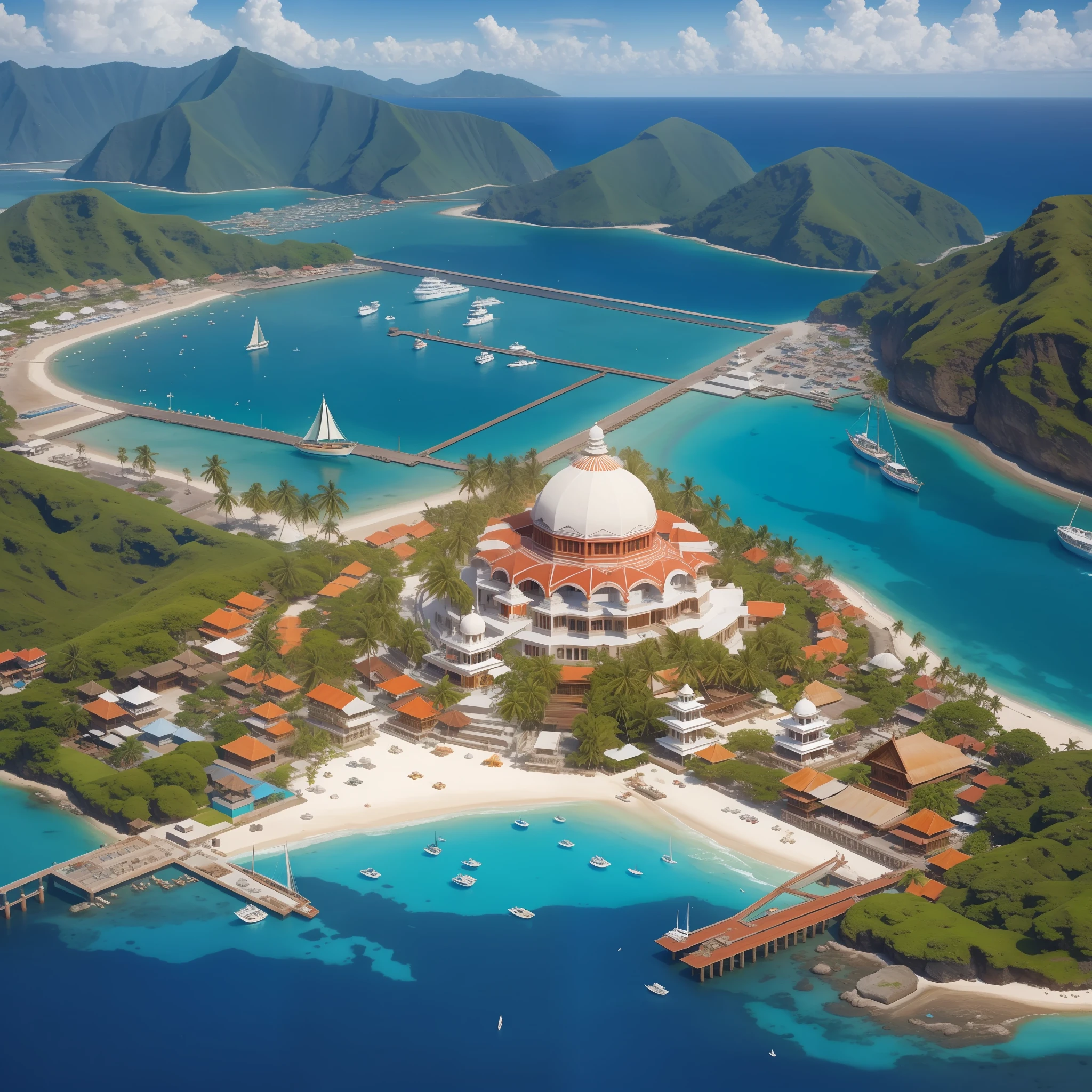 Tropical indian hindu island port, sunny, white sandy beaches, traditional wooden sailing ships, many dock piers, crystal clear sea, anime style, indian aesthetics, hindu aesthetics, dome roofs, main harbour of the island