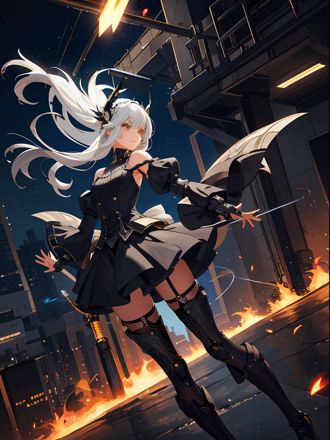 （Super Best Quality））， （Very Masterpiece））， （super detailing：1.4）， super realistic 3D， android mage girls， Mechanical body， Dynamic action poses in battle scenes， Mechanical weapons of very complex and heavy fighters， Off-the-shoulder fashion blends details and intricate steampunk and sophisticated Gothic Lolita， Complex steampunk headgear， very slender long legs， mechanical boots above the knee， Fluttering lace flared miniskirt， upturned and beautiful small breasts，rather long vertical curly silver hair driven by the wind，countless shining large spheres flying around，Many sparks passed through the splash，Countless neon signs rained down from the gesture of magic summoning，Look down at the backdrop of a futuristic and sophisticated fiery steampunk factory，Very dramatic and cinematic lighting，black lence stockings