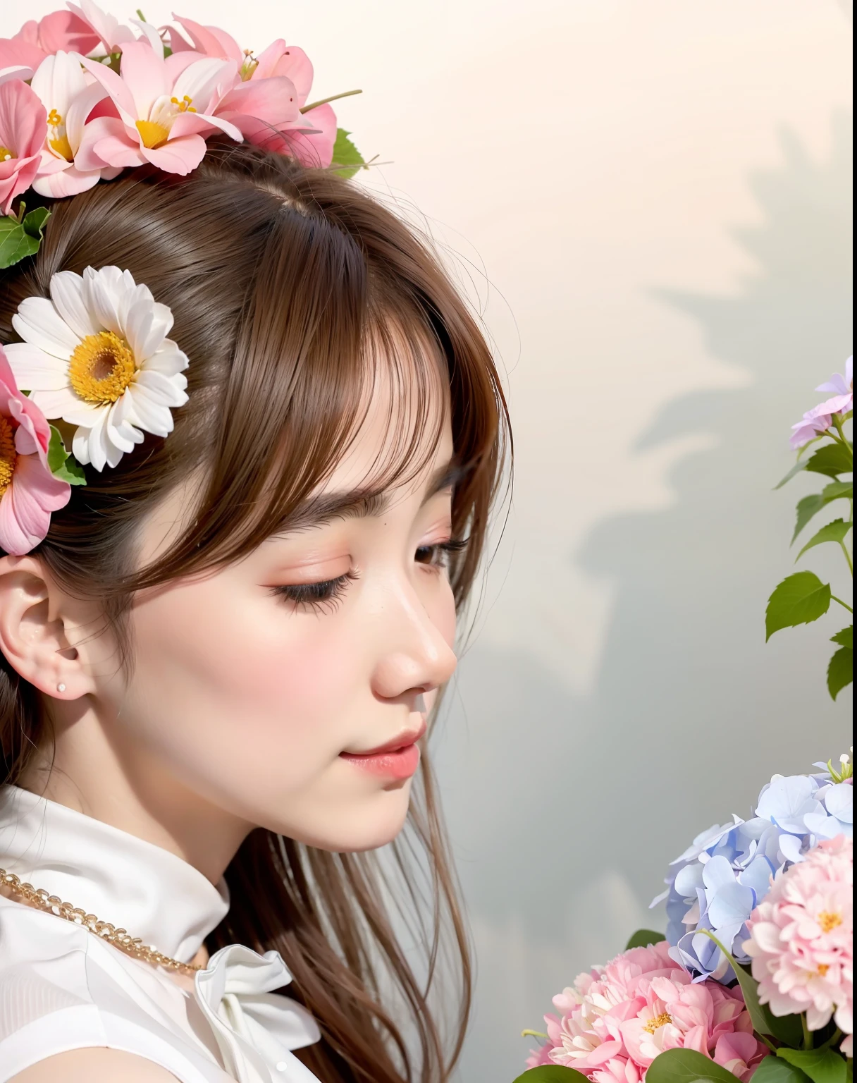 À la Fed woman with flowers in hair smelling of white fire hydrant, with flowers, cheeryblossom, sakimichan, dilraba dilmurat, with frozen flowers around her, Flowers on the cheeks of heirs, profile image, deity of hydrangeas, profile image, profile picture 1024px, profile photo, with ivy, chiho