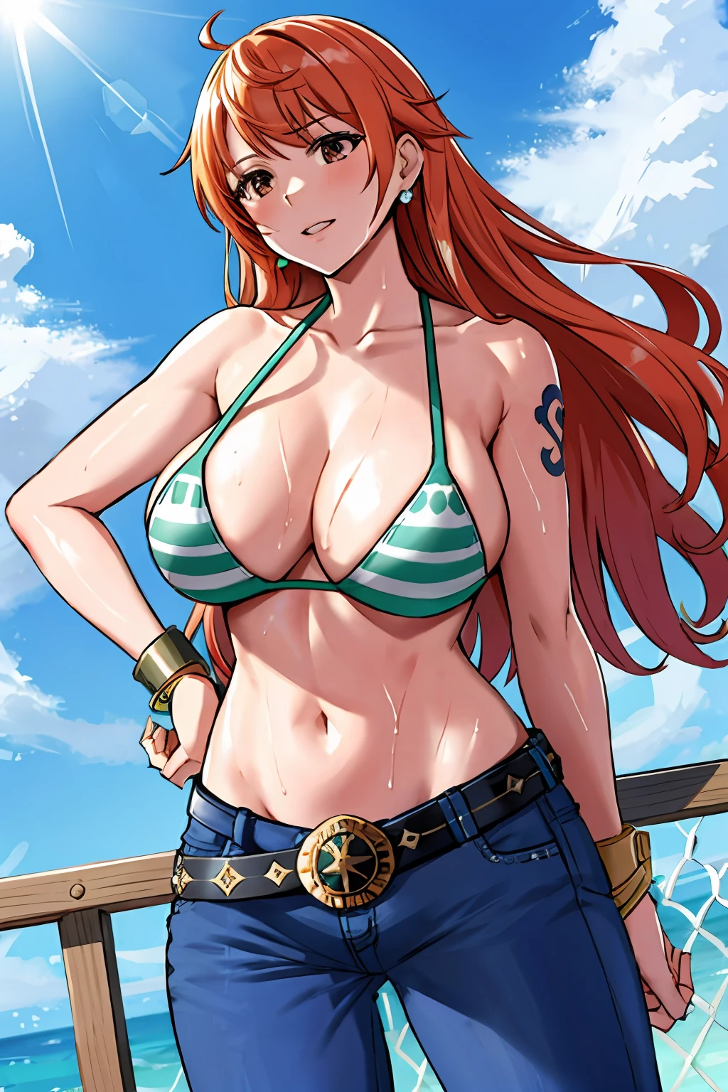 detailed background, masterpiece, 4k, best quality, late youth, adult, wrestler body, 1girl, active, energic, uppercut, (large mouth) , solo, nami \(one piece\), 1girl, bangle, (very wet, drenched in sweat, sweat all over body, very wet hair, tired, taking breath, open mouth, hand on stomach, sweaty face, sweaty body, panting, sweating too much, shiny sweat, sweat stains, leaning forward, tilting, hands on knees, waving good bye), perfect detailed face, bold drawing lines, muscular arms, detailed bold arm lines, flat jaw, adult woman, wavy wide streaked bangs, floating bang streaks, (big cheeks), bare shoulders, off-shoulders, belt, bikini, bikini top only, blue sky, bracelet, springy breasts, breast lines, big round eyes, plain big brown shiny eyes, bubbles, high eye position, cleavage, cloud, day, denim, earrings, floating hair, shiny hair, green belt, green bikini, bold groin lines, jeans, jewelry, large breasts, log pose, long hair, looking at viewer, navel, wet hair, orange hair, pants, shoulder tattoo, sidelocks, sky, solo, standing, stomach, swimsuit, tattoo , looking at viewer, open mouth, detailed left arm, big forehead, hourglass figure, small head, toned body, wide hair, wind effect, sun effect, under the sun, narrow small ears angle, older, random poses,