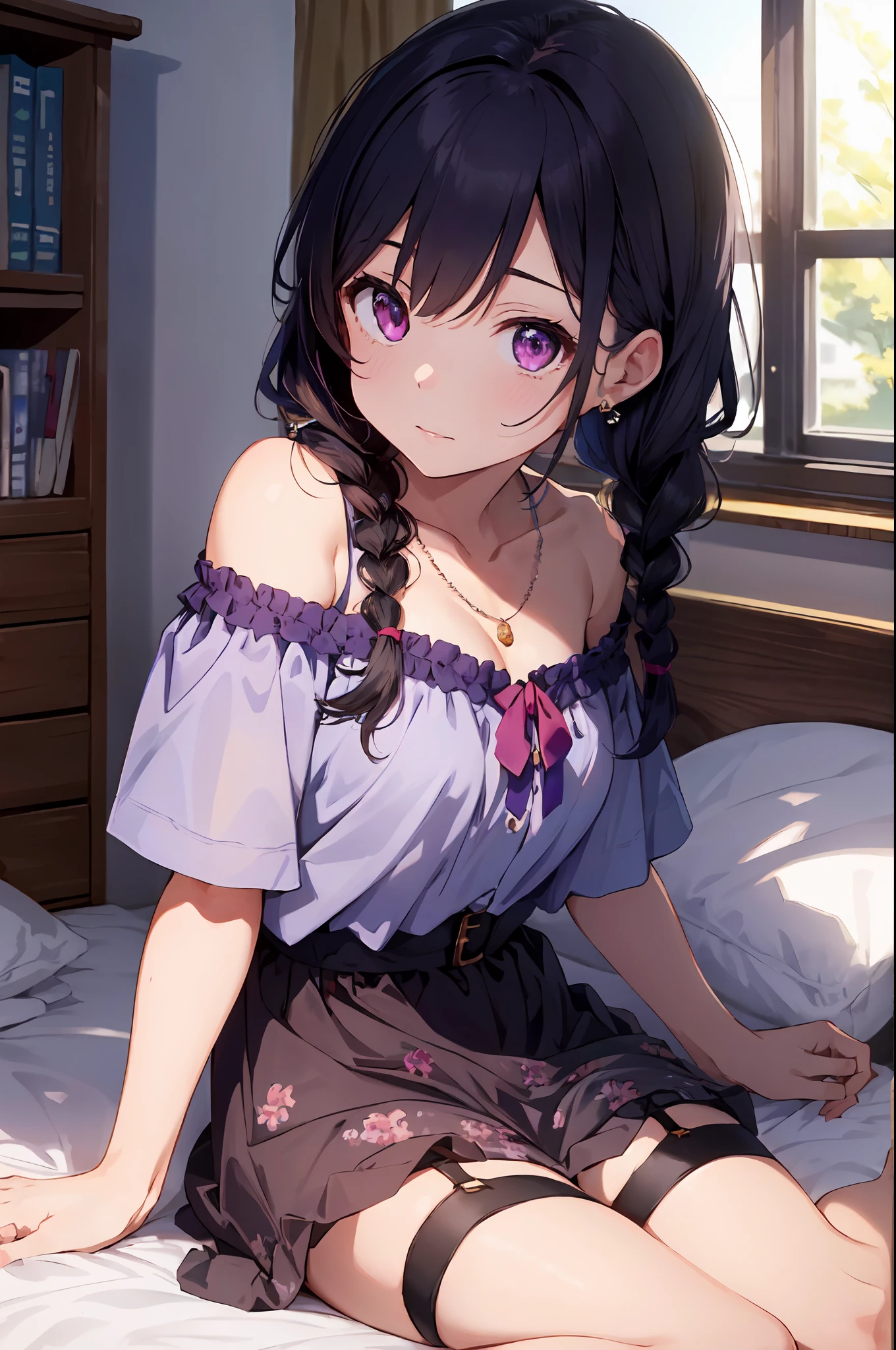 Highest Quality, Masterpiece, Super High Resolution, (Photorealistic: 1.4), Raw Photo, 1 Girl, Off Shoulder, Garter Belt, In Room, Deep Shadows, Low Key, On Bed, Lie Down, Right Arm Under Head, Head on pillow, fashion  dress , viewer&#39;s eyes, gorgeous necklace , purple hair , bangs , braids , pink eyes,