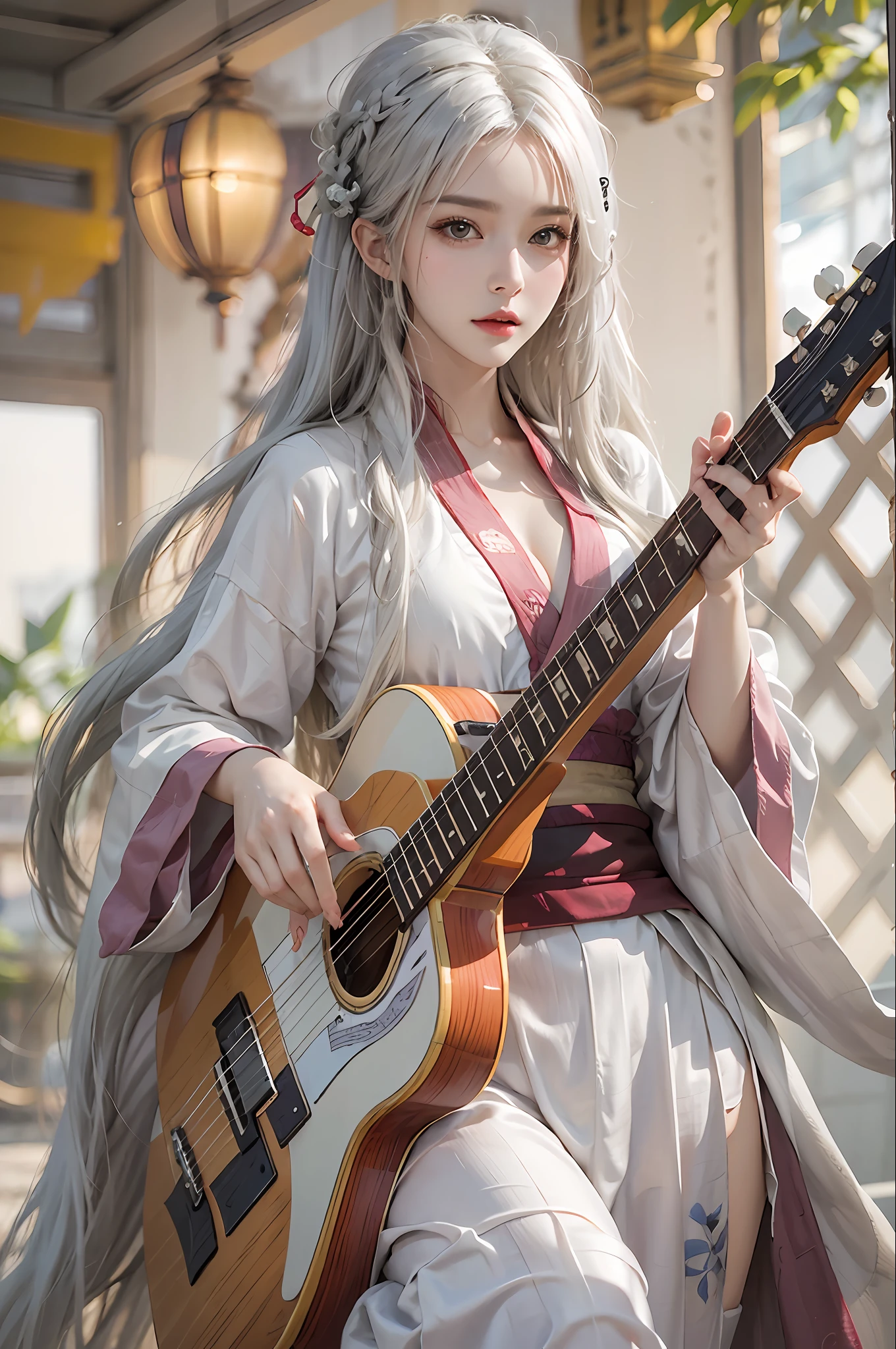 photorealistic, high resolution, 1 women, solo, hips up, look at viewer, (detailed face), white hair, long hair, medium breasts, chinese clothes, hanfu, playing guitar