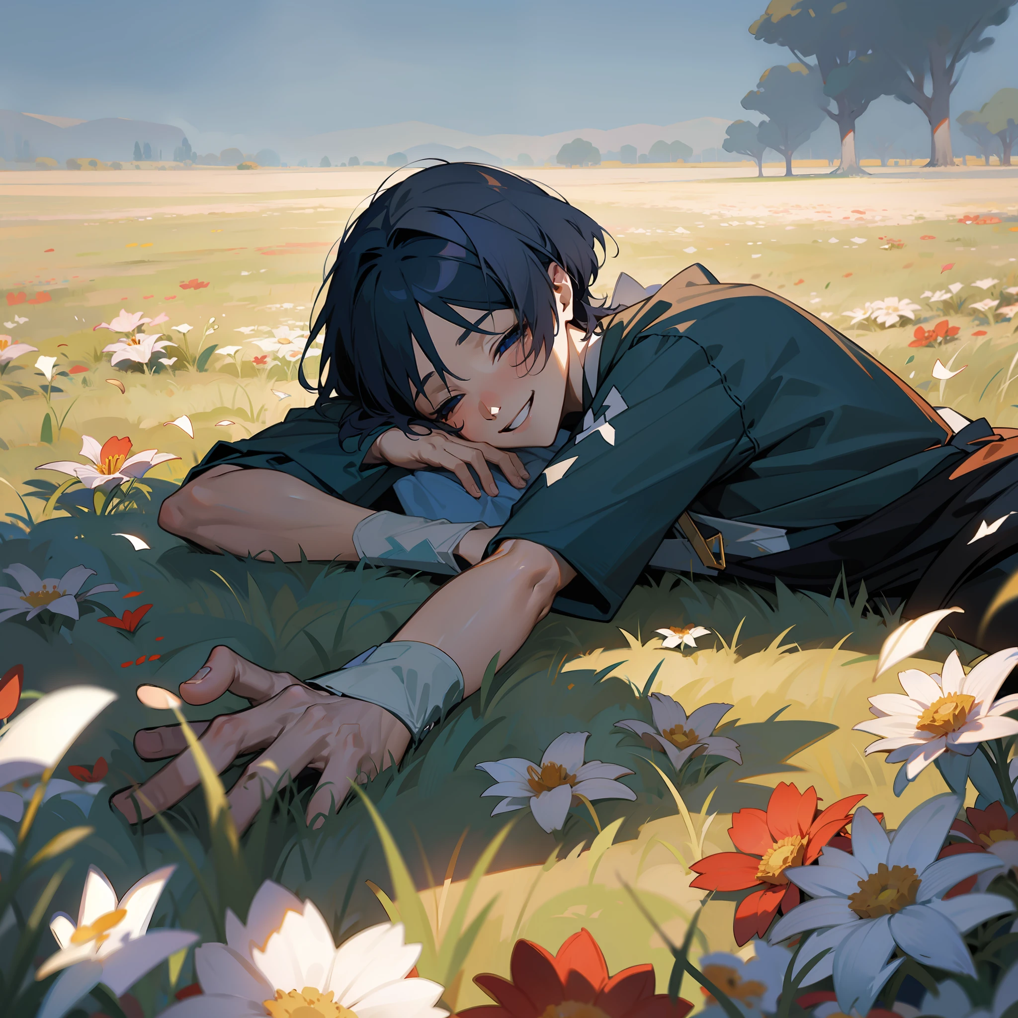 1man, lying on a field with flowers, smiling